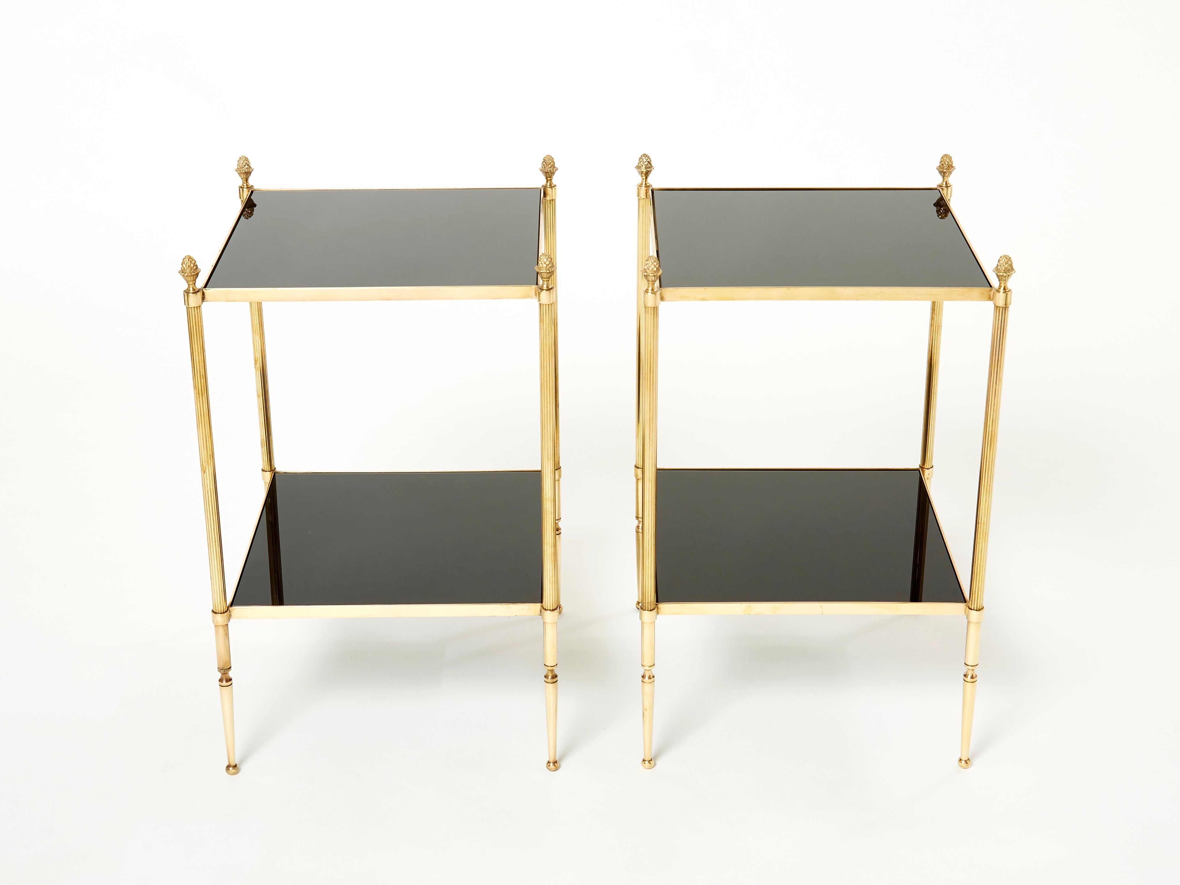 Mid-Century Modern Pair of French Maison Jansen Brass Black Glass Two-Tier End Tables 1960s