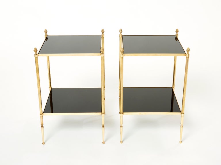 Mid-Century Modern Pair of French Maison Jansen Brass Black Glass Two-Tier End Tables 1960s For Sale