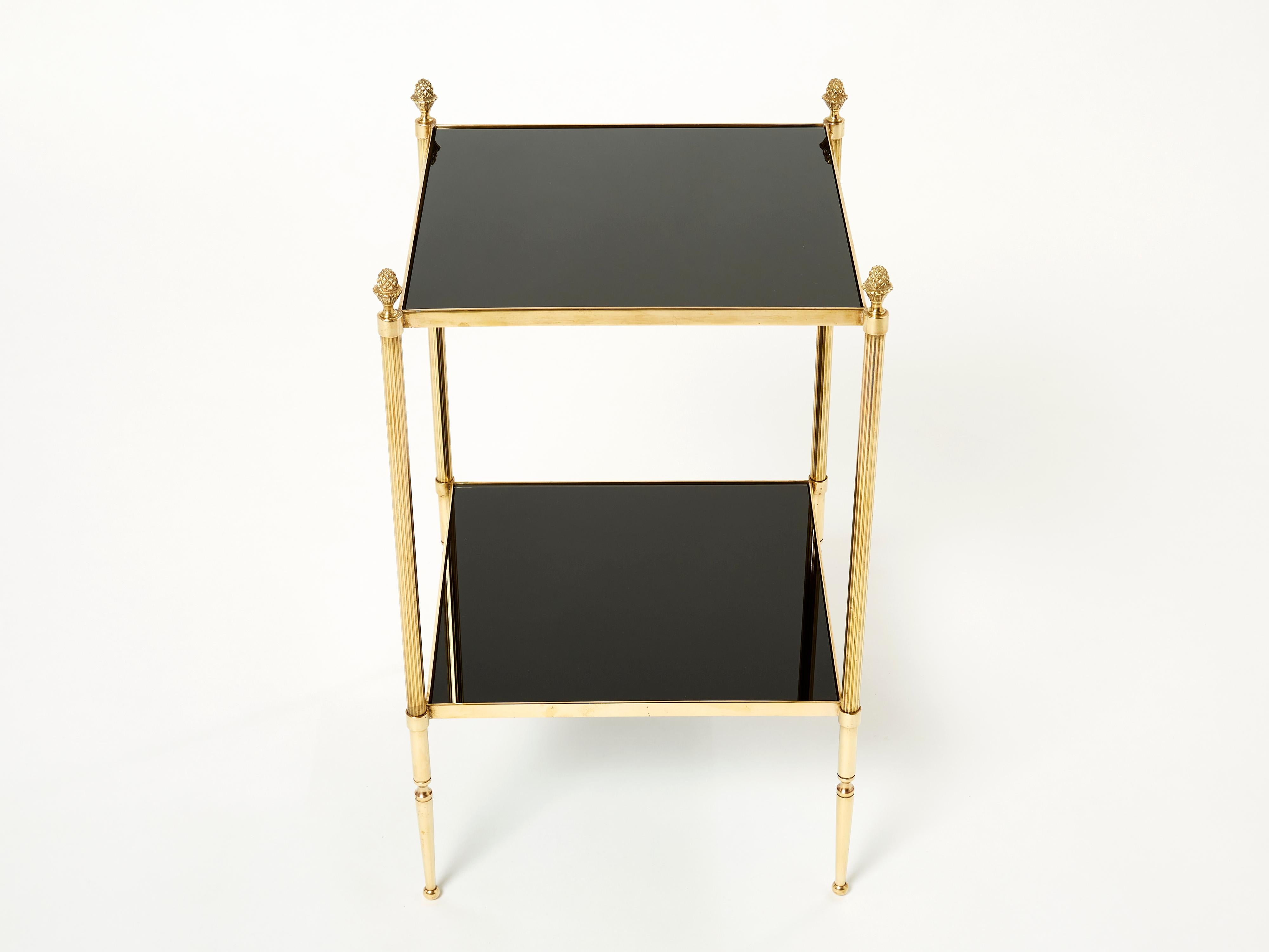 Late 20th Century Pair of French Maison Jansen Brass Black Glass Two-Tier End Tables 1960s