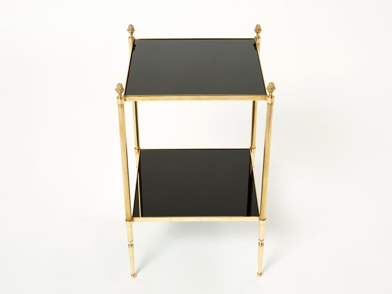 Late 20th Century Pair of French Maison Jansen Brass Black Glass Two-Tier End Tables 1960s For Sale