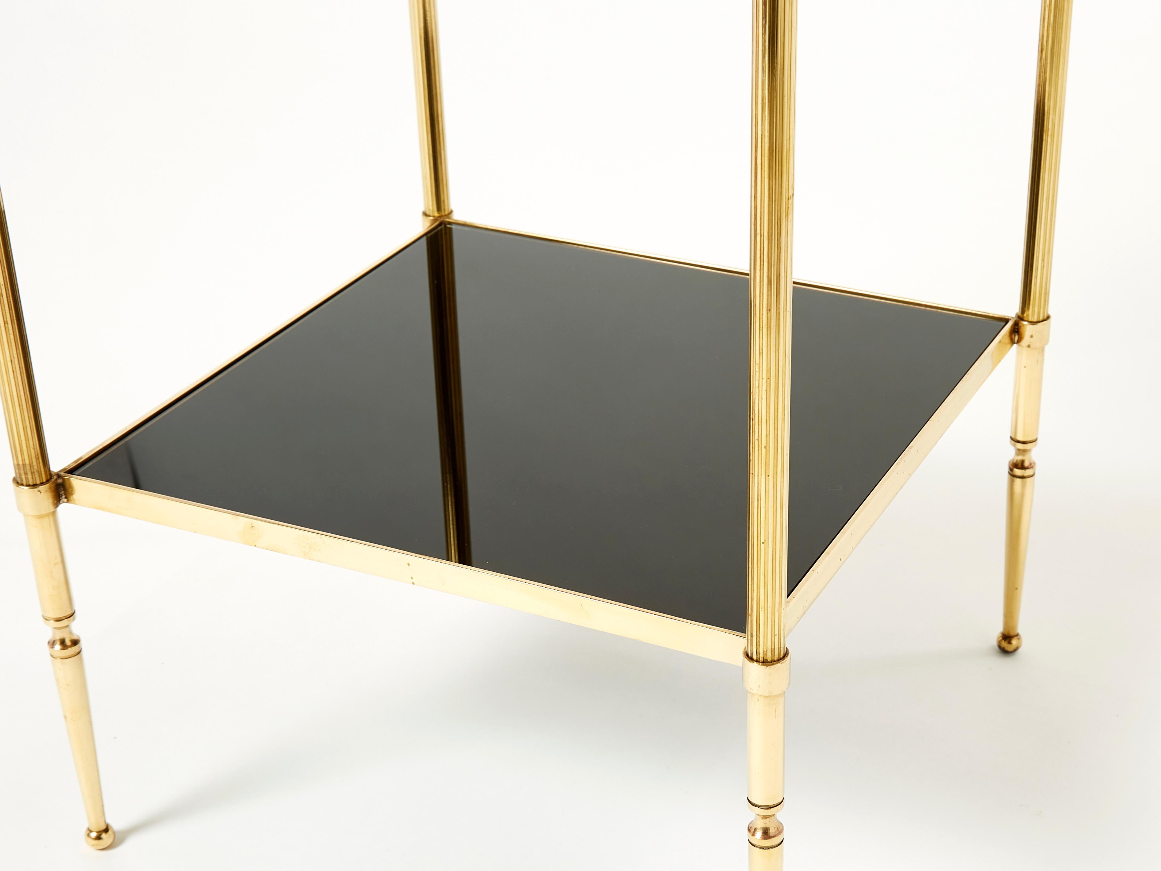 Pair of French Maison Jansen Brass Black Glass Two-Tier End Tables 1960s 1