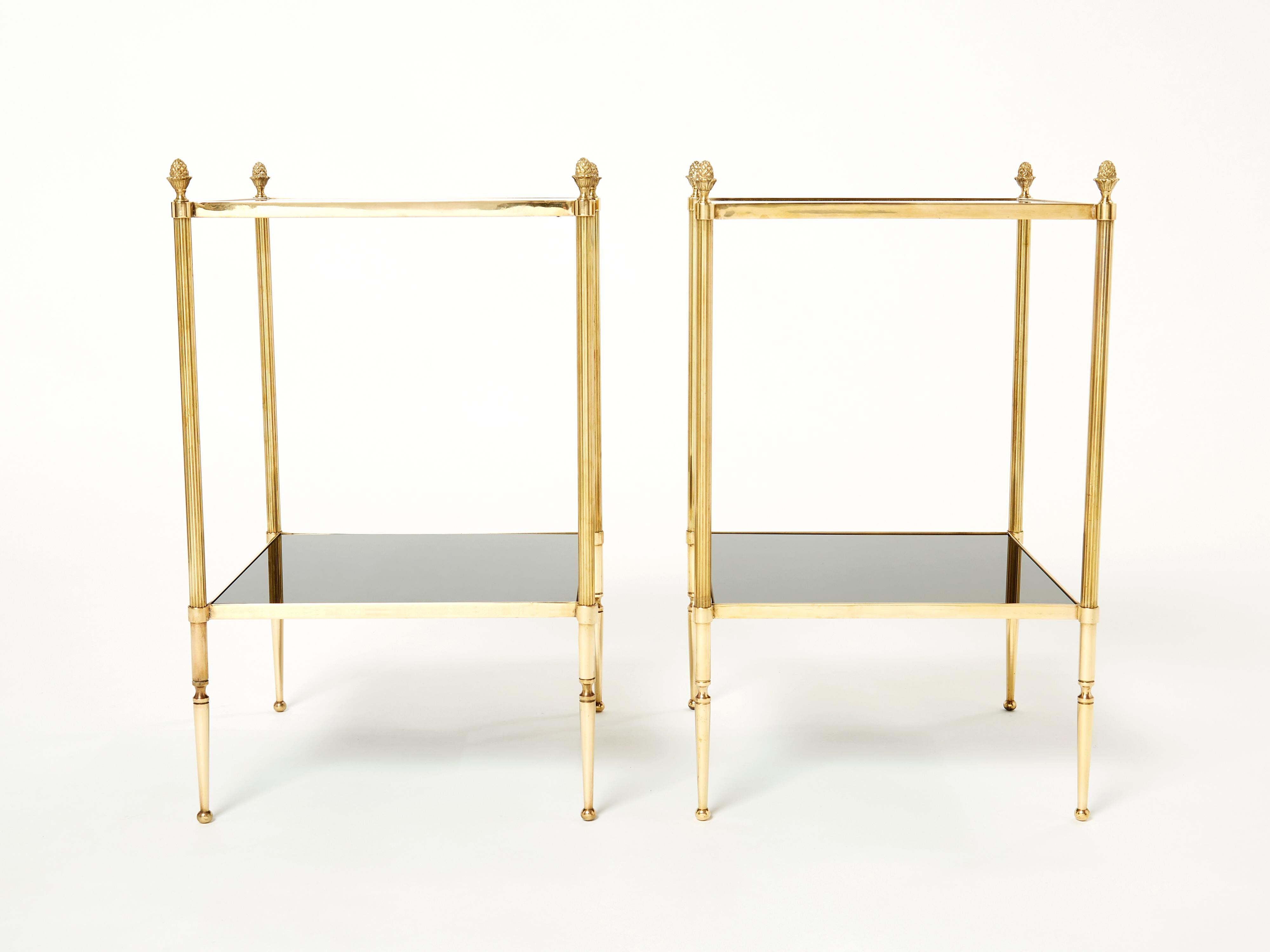 Pair of French Maison Jansen Brass Black Glass Two-Tier End Tables 1960s 2