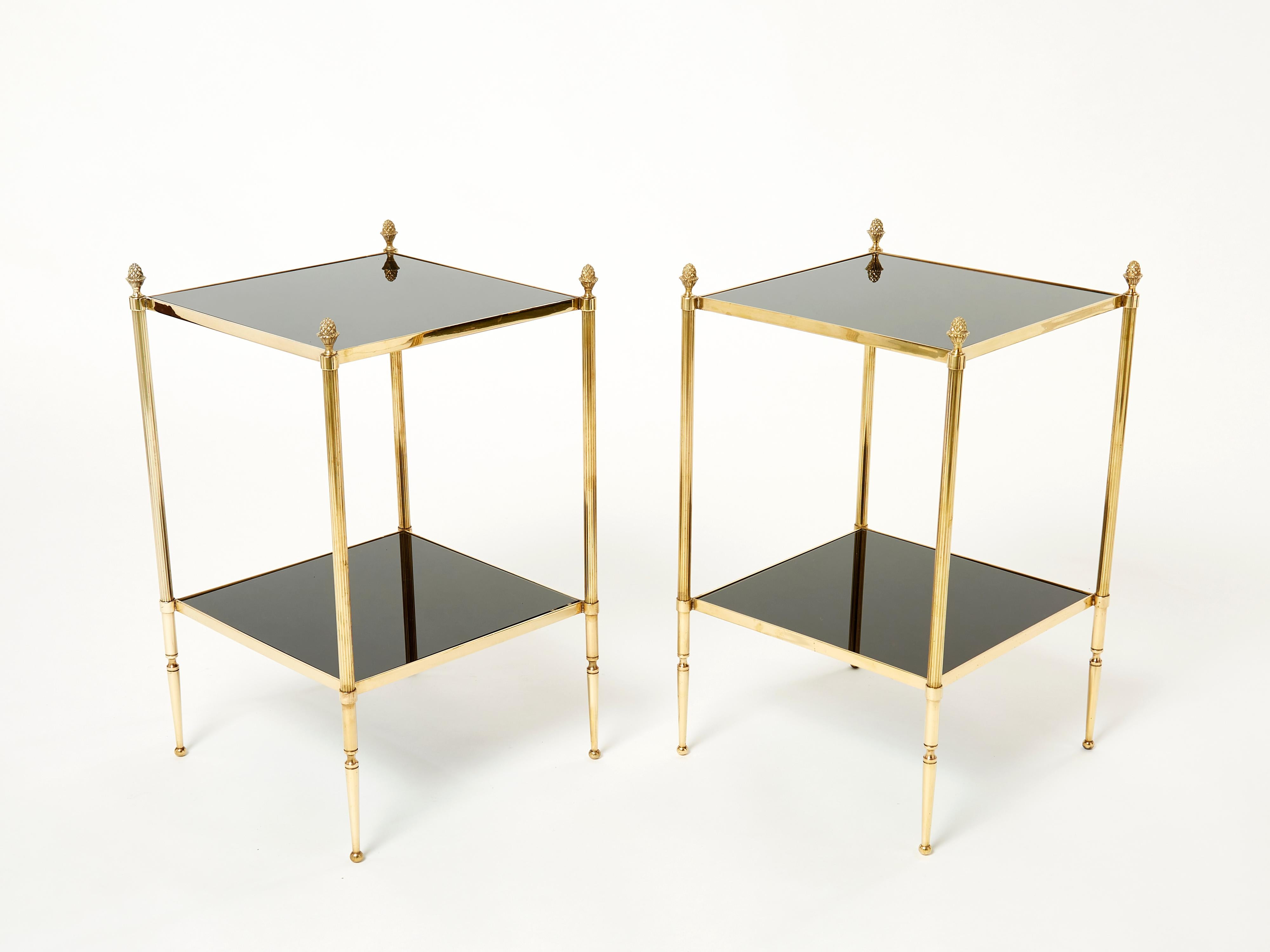 Pair of French Maison Jansen Brass Black Glass Two-Tier End Tables 1960s 3