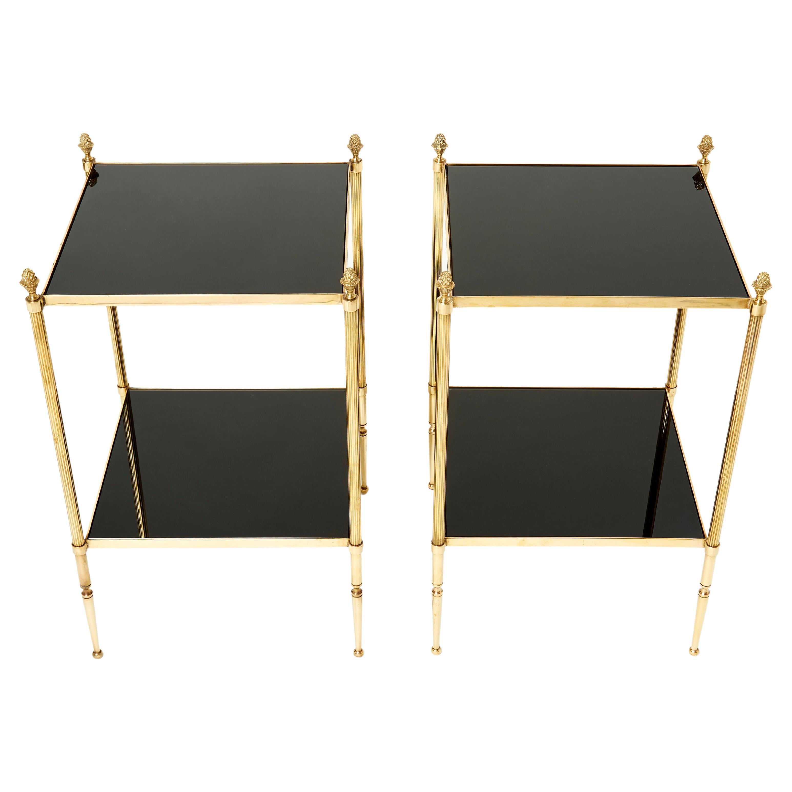 Pair of French Maison Jansen Brass Black Glass Two-Tier End Tables 1960s