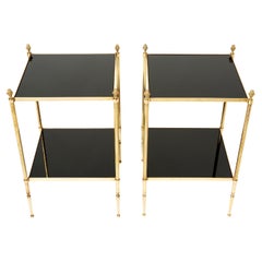 Vintage Pair of French Maison Jansen Brass Black Glass Two-Tier End Tables 1960s