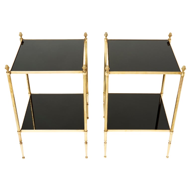 Pair of French Maison Jansen Brass Black Glass Two-Tier End Tables 1960s For Sale