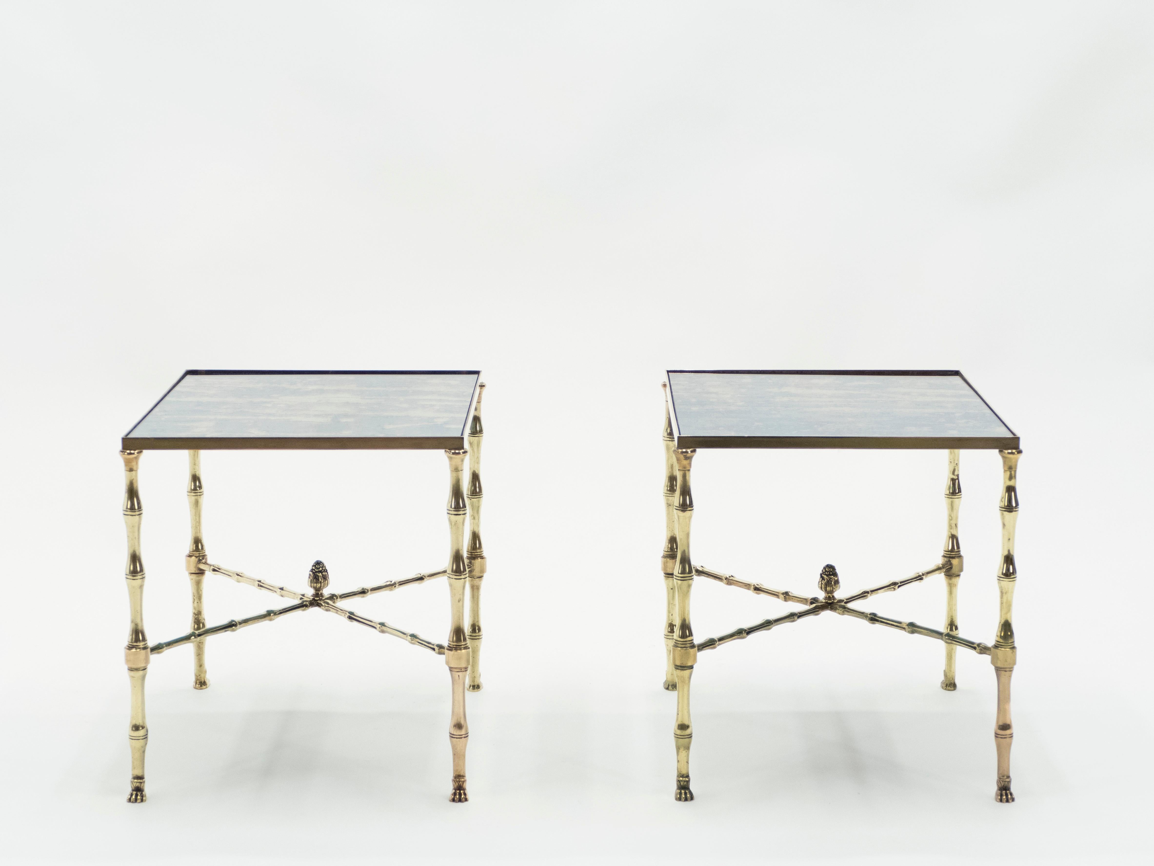 Pair of French Maison Jansen Brass Mirrored End Tables, 1960s For Sale 6