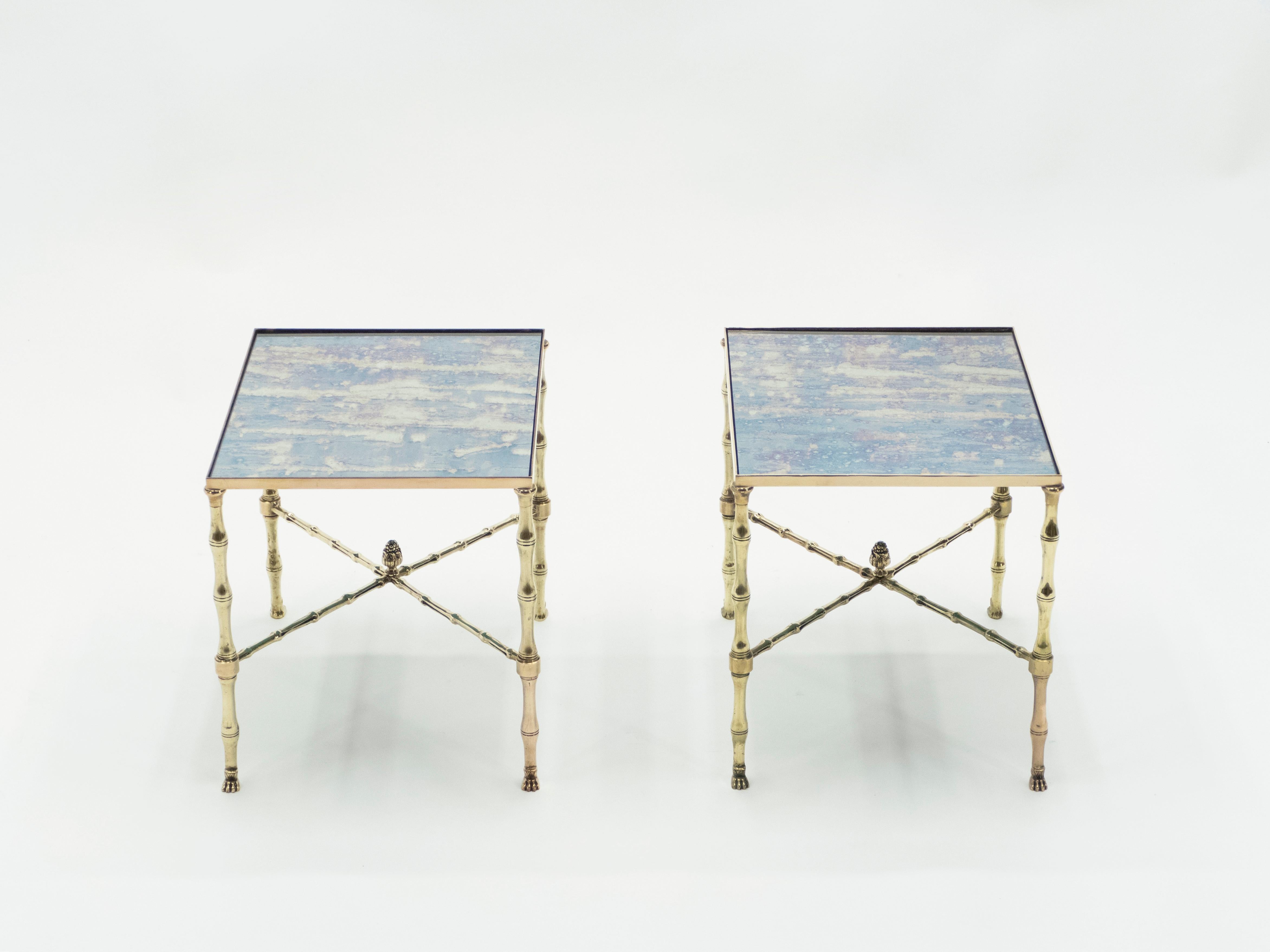 Mid-Century Modern Pair of French Maison Jansen Brass Mirrored End Tables, 1960s
