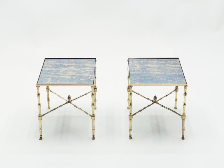 Mid-Century Modern Pair of French Maison Jansen Brass Mirrored End Tables, 1960s For Sale