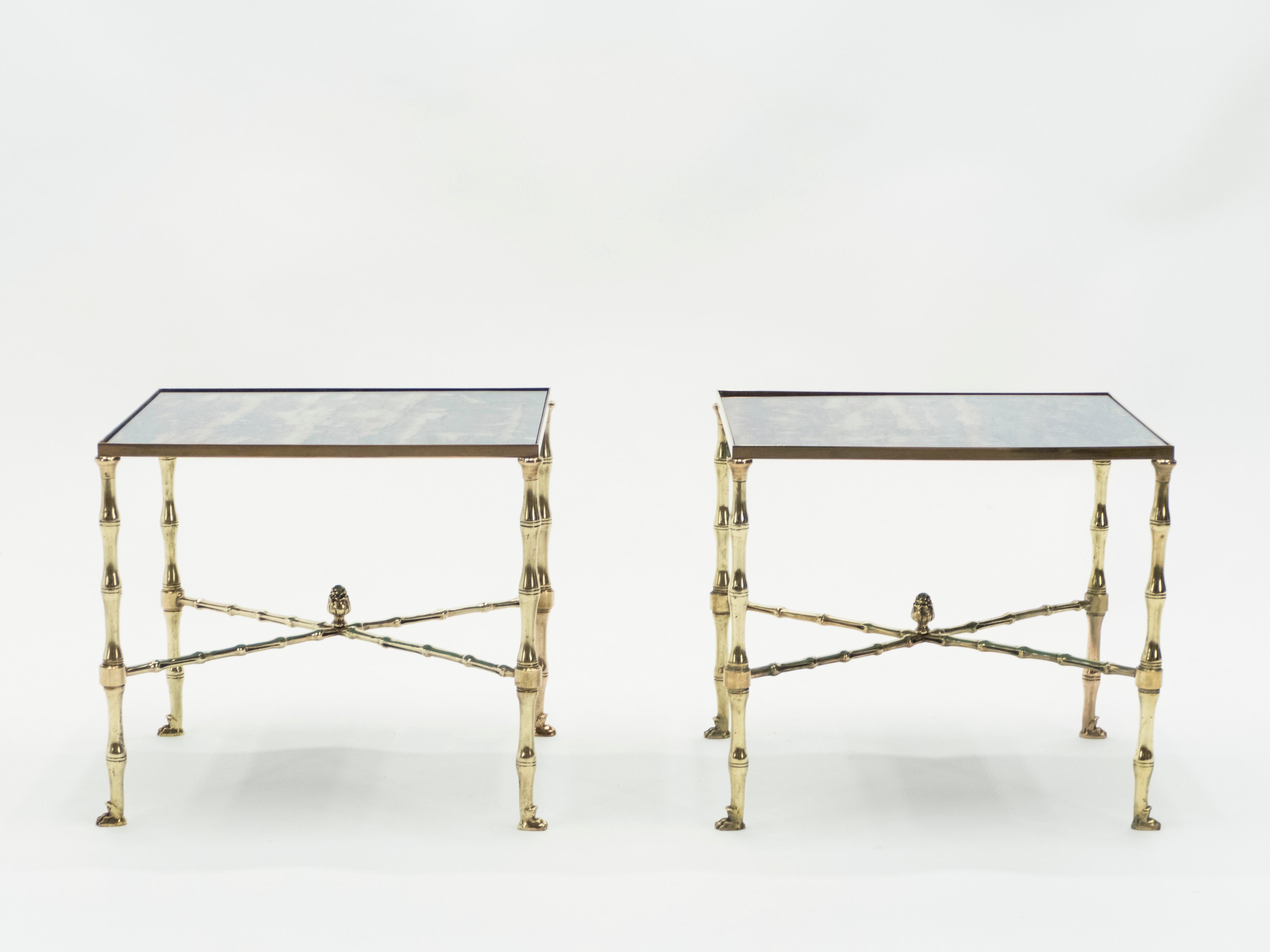 Mid-20th Century Pair of French Maison Jansen Brass Mirrored End Tables, 1960s