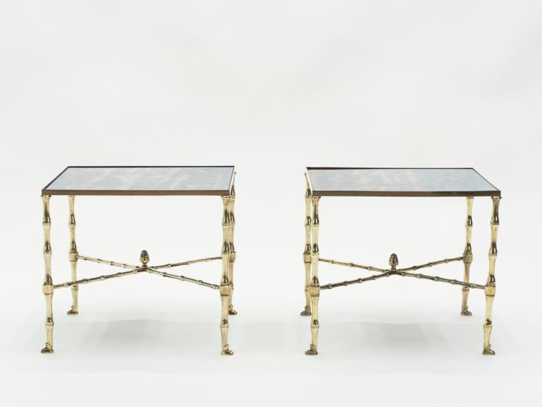 Mid-20th Century Pair of French Maison Jansen Brass Mirrored End Tables, 1960s For Sale