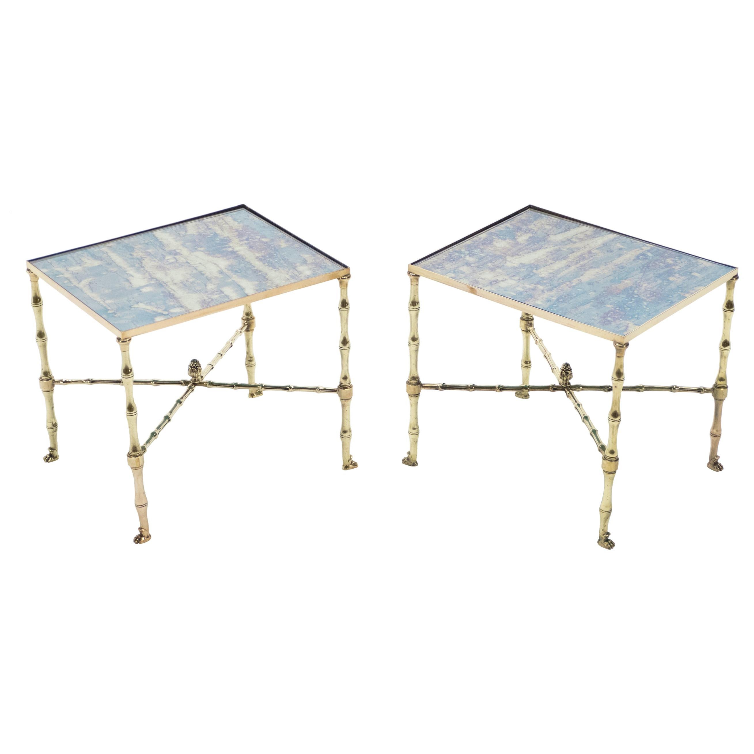 Pair of French Maison Jansen Brass Mirrored End Tables, 1960s