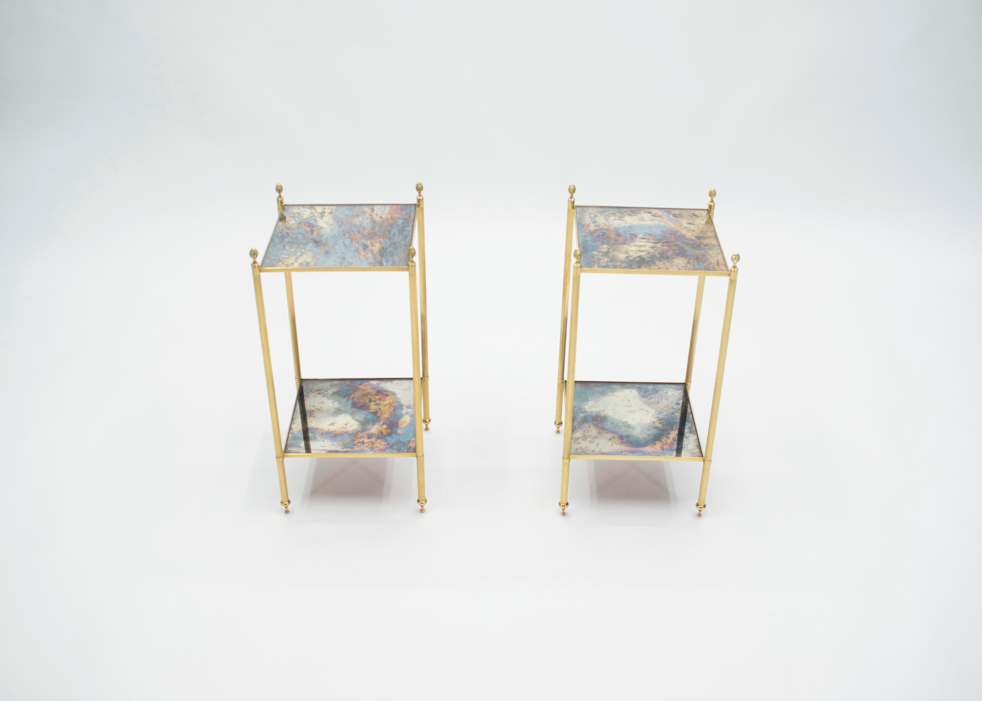 Pair of French Maison Jansen Brass Mirrored Two-Tier End Tables, 1960s 7