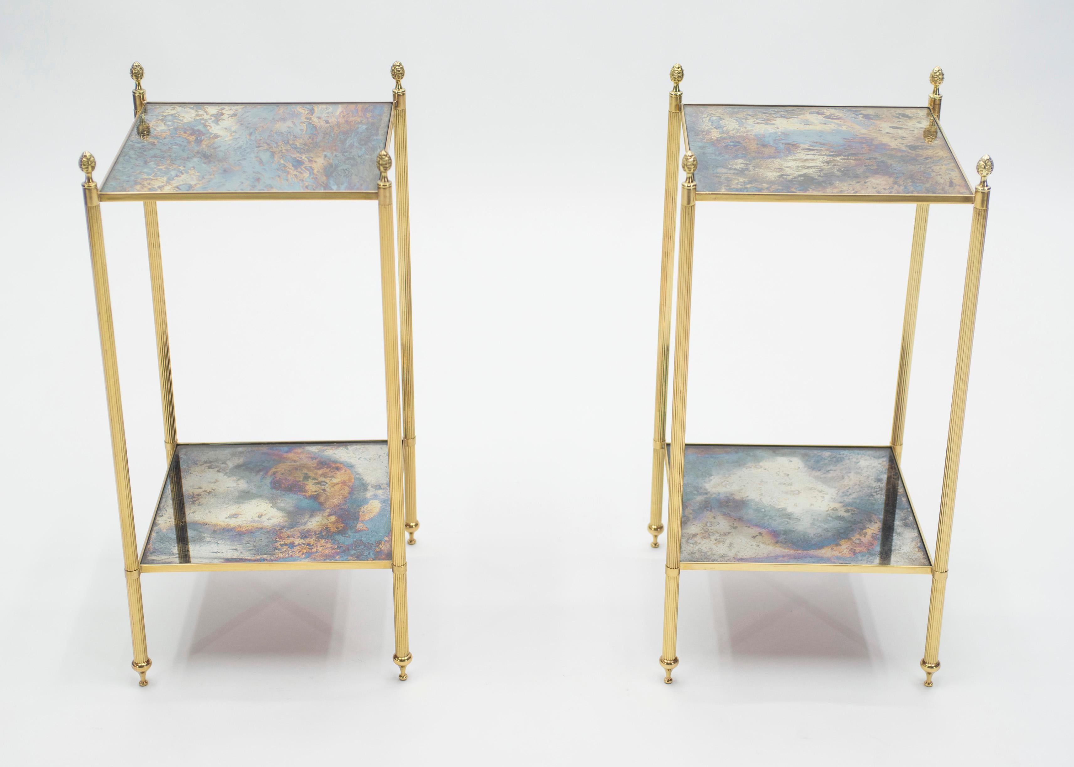 Pair of French Maison Jansen Brass Mirrored Two-Tier End Tables, 1960s 9