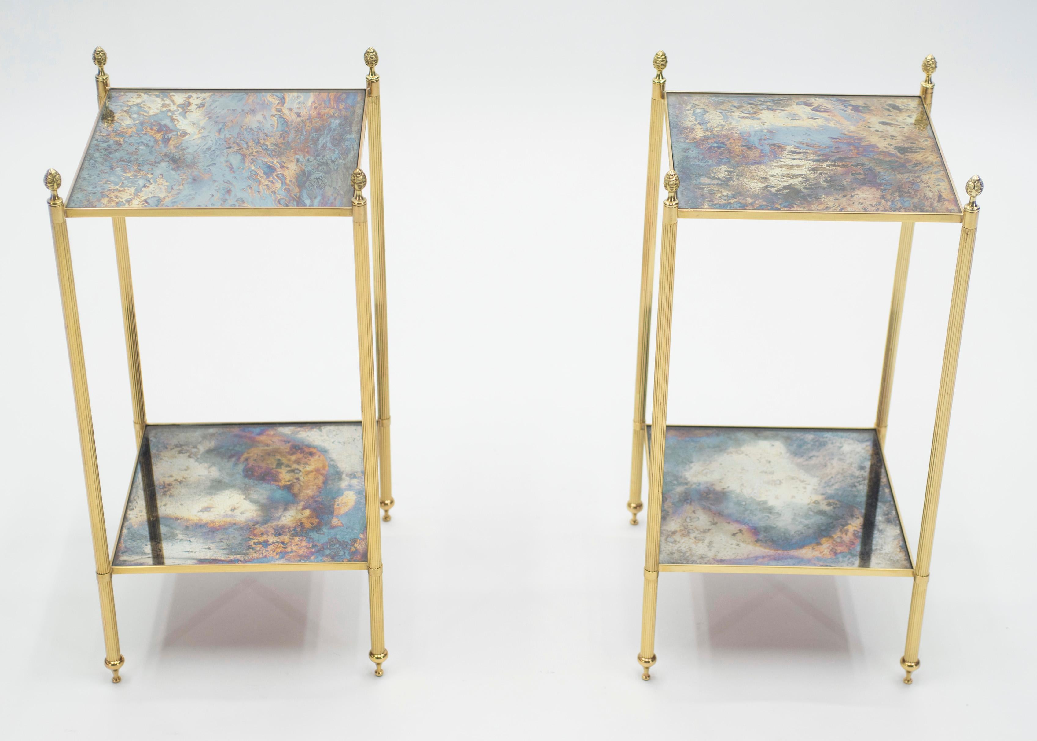 Mid-Century Modern Pair of French Maison Jansen Brass Mirrored Two-Tier End Tables, 1960s