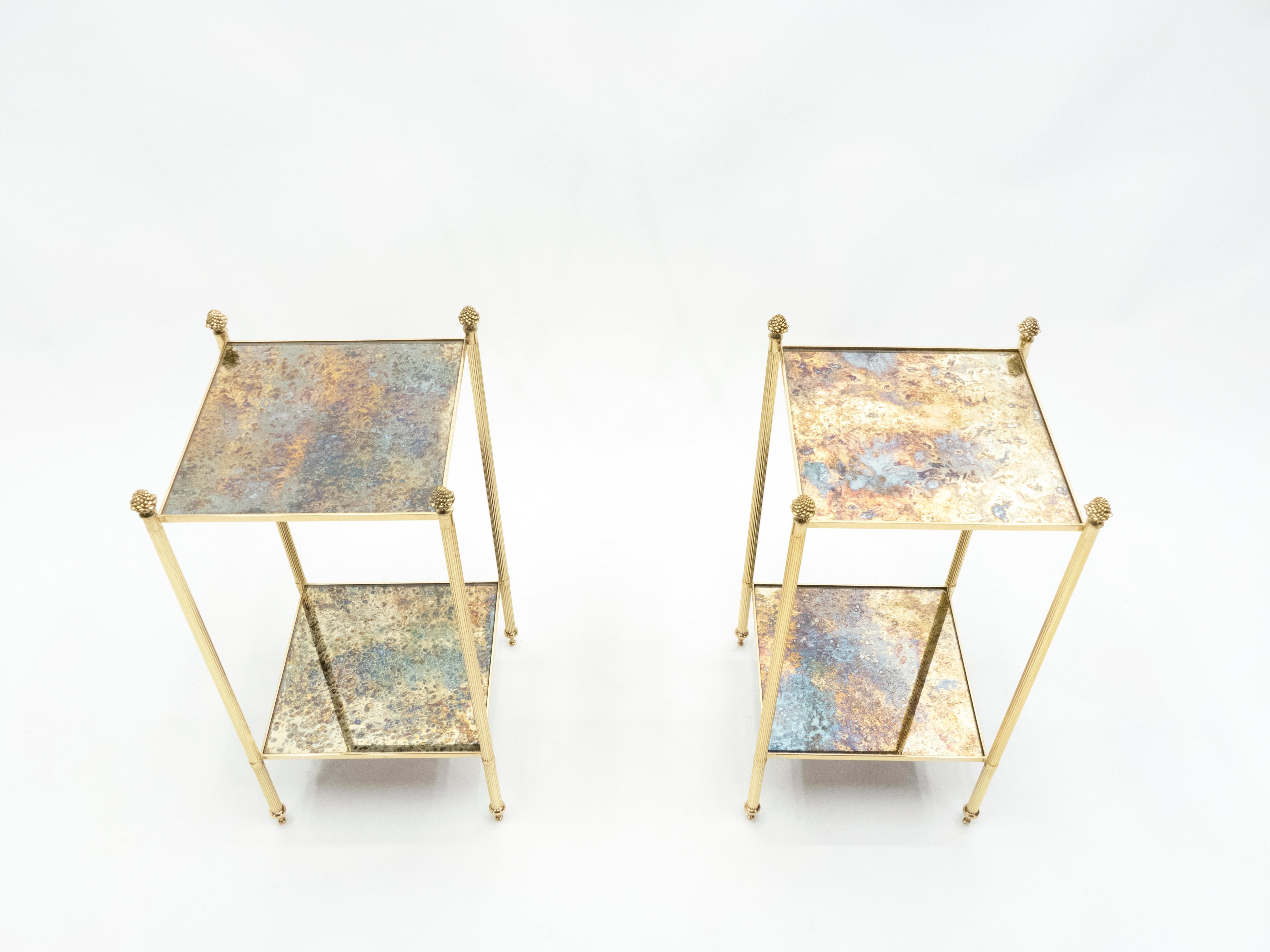 Mid-Century Modern Pair of French Maison Jansen Brass Mirrored Two-Tier End Tables, 1960s