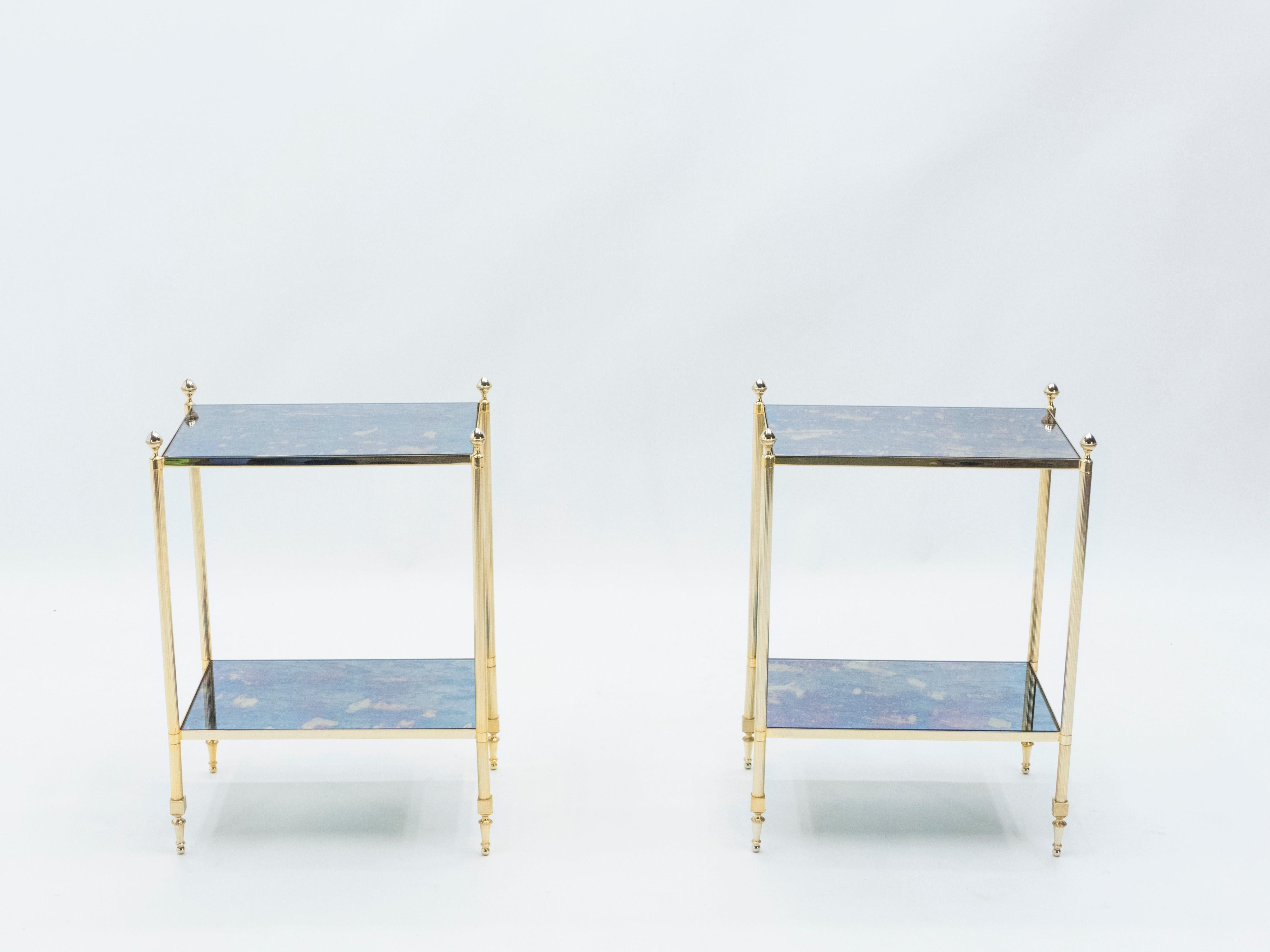 Pair of French Maison Jansen Brass Mirrored Two-Tier End Tables, 1960s In Good Condition In Paris, IDF