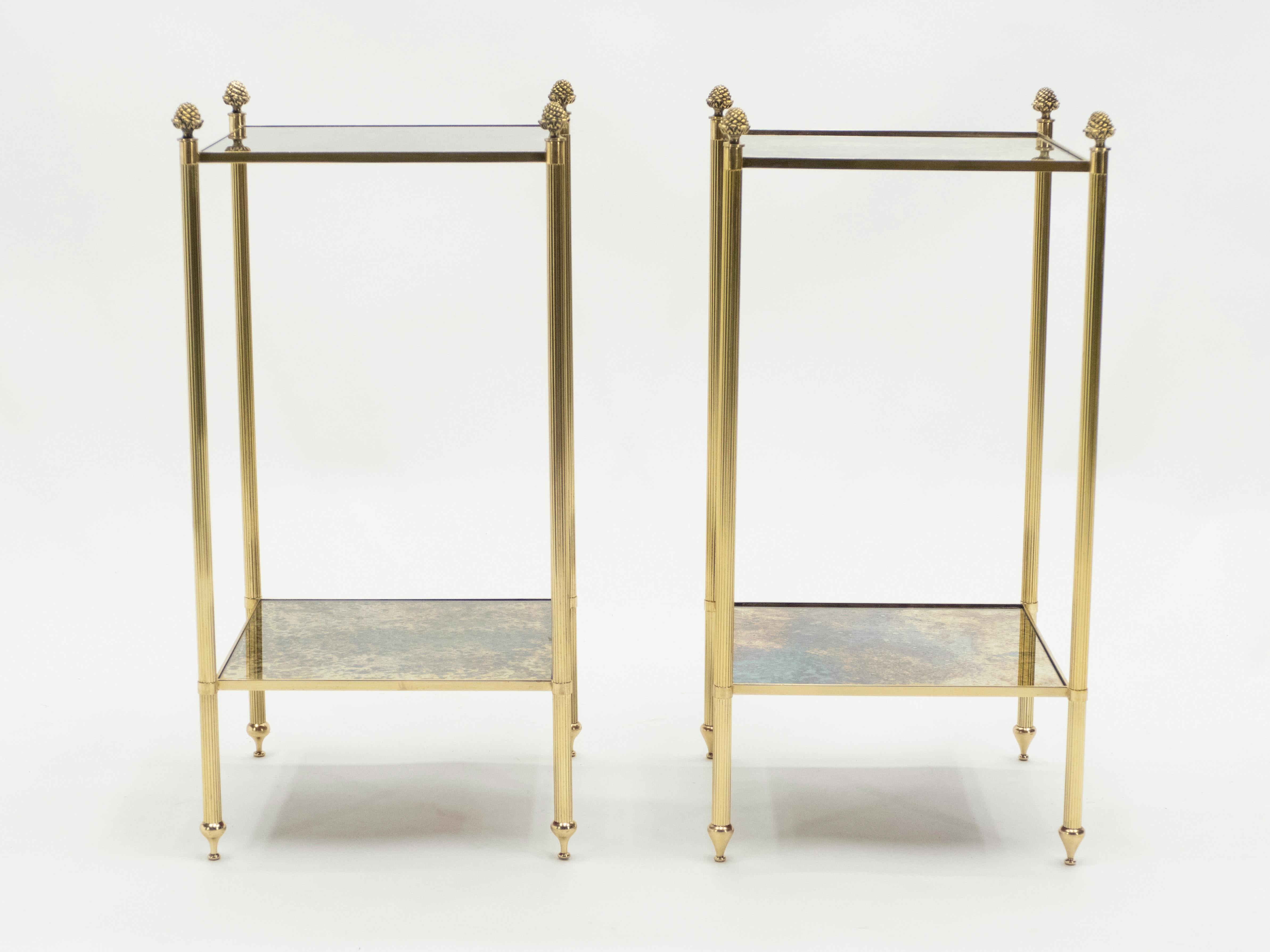 Mid-20th Century Pair of French Maison Jansen Brass Mirrored Two-Tier End Tables, 1960s