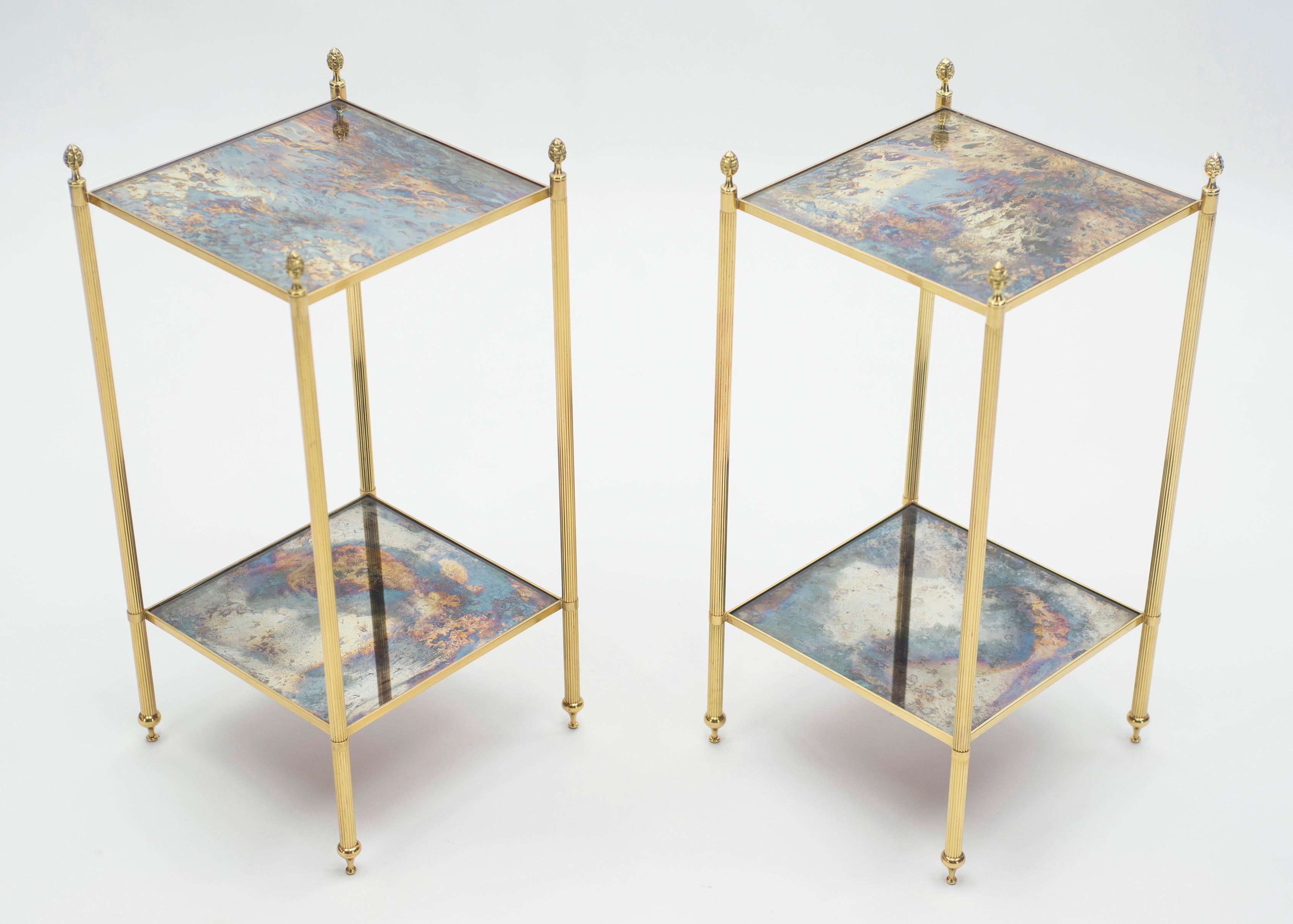 Mid-20th Century Pair of French Maison Jansen Brass Mirrored Two-Tier End Tables, 1960s