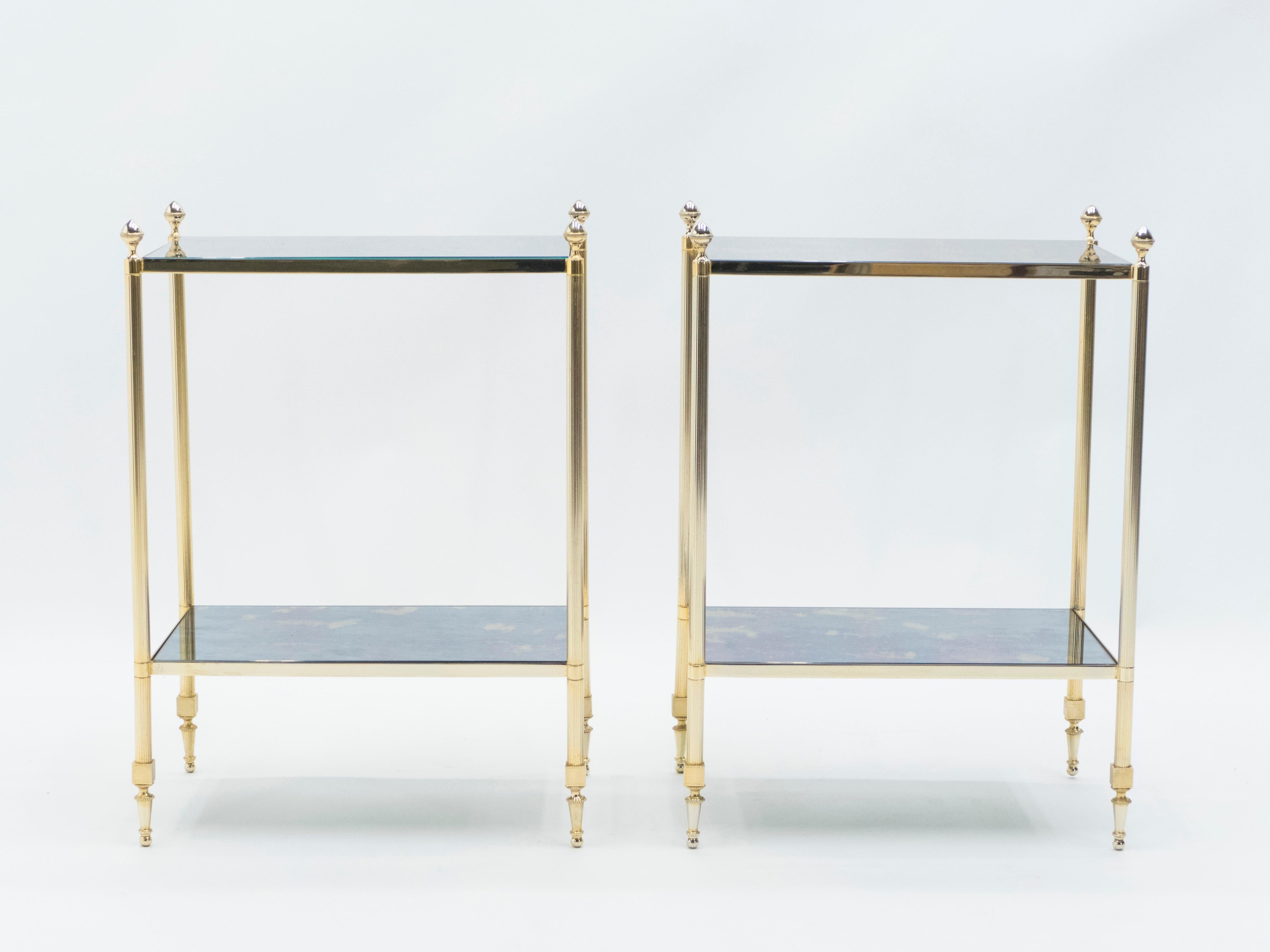 Pair of French Maison Jansen Brass Mirrored Two-Tier End Tables, 1960s 1
