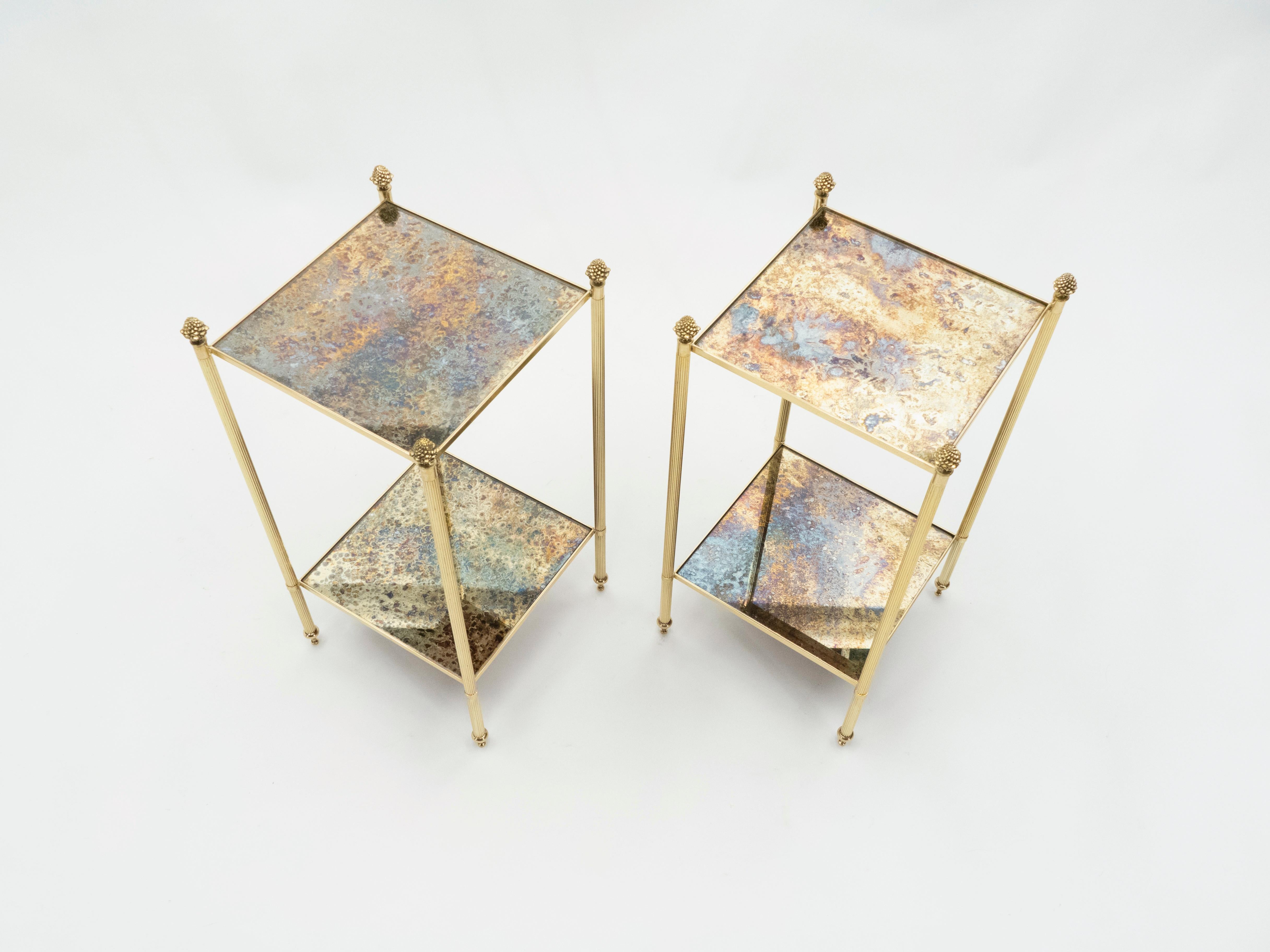 Pair of French Maison Jansen Brass Mirrored Two-Tier End Tables, 1960s 1