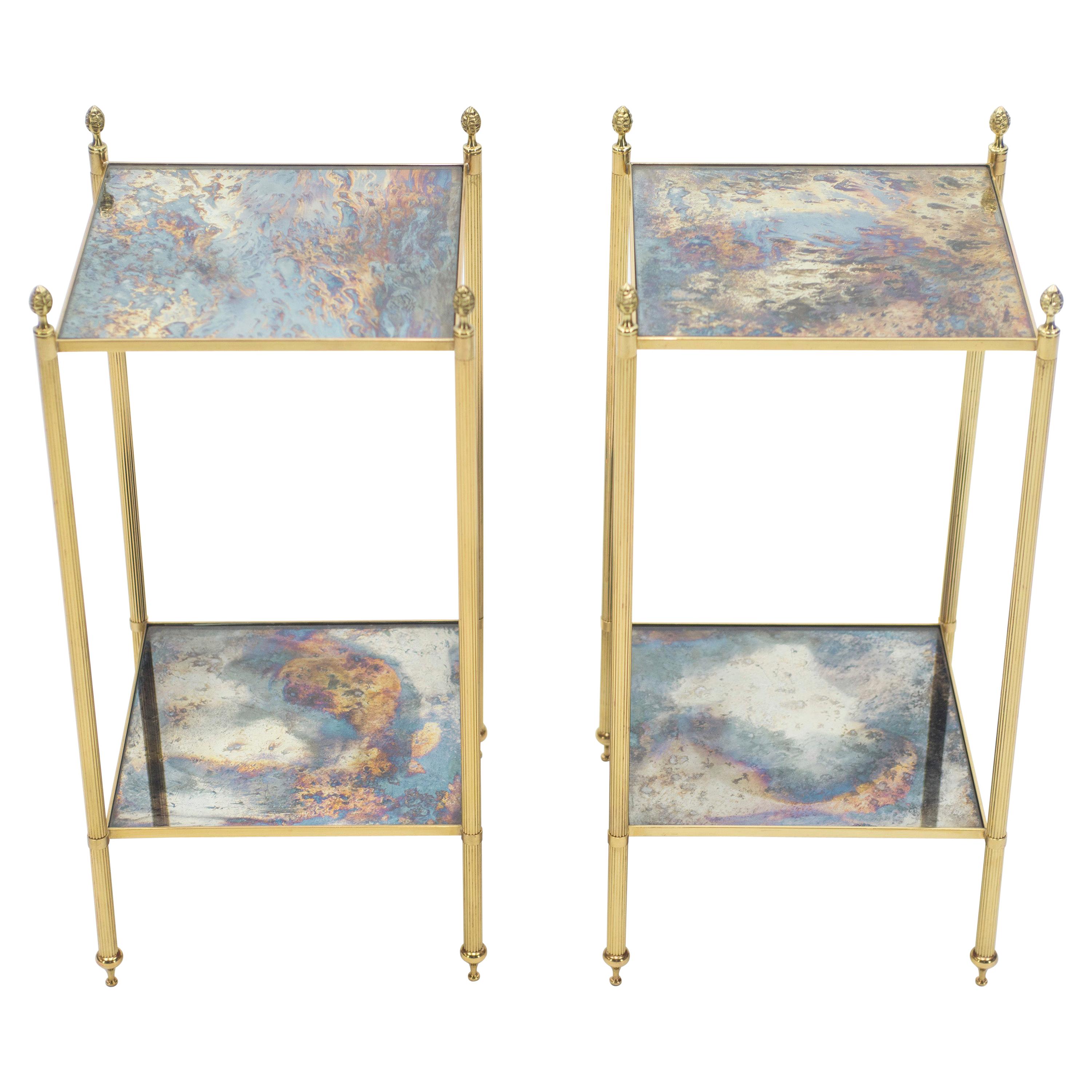 Pair of French Maison Jansen Brass Mirrored Two-Tier End Tables, 1960s