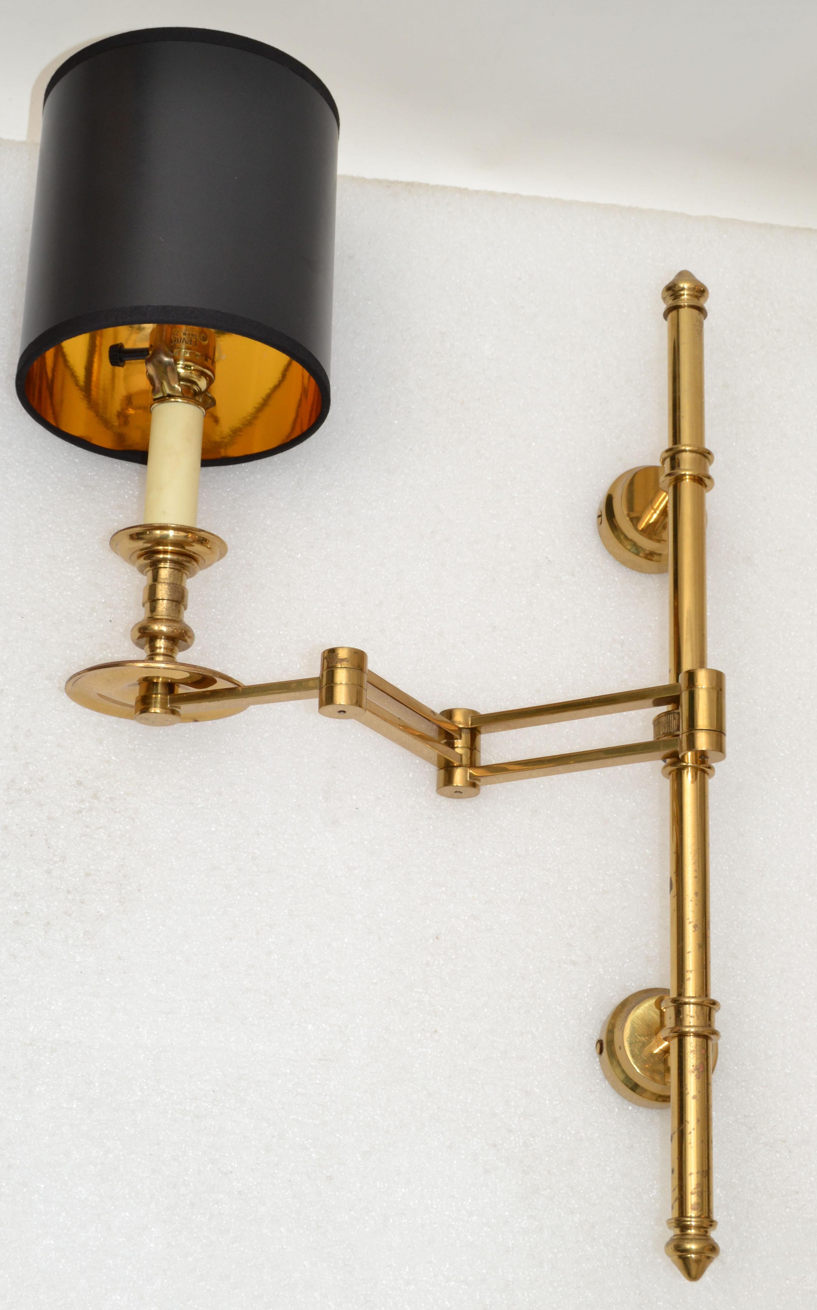 Pair of French Maison Jansen Brass Retractable Sconces, Wall Lights Black Shade 4