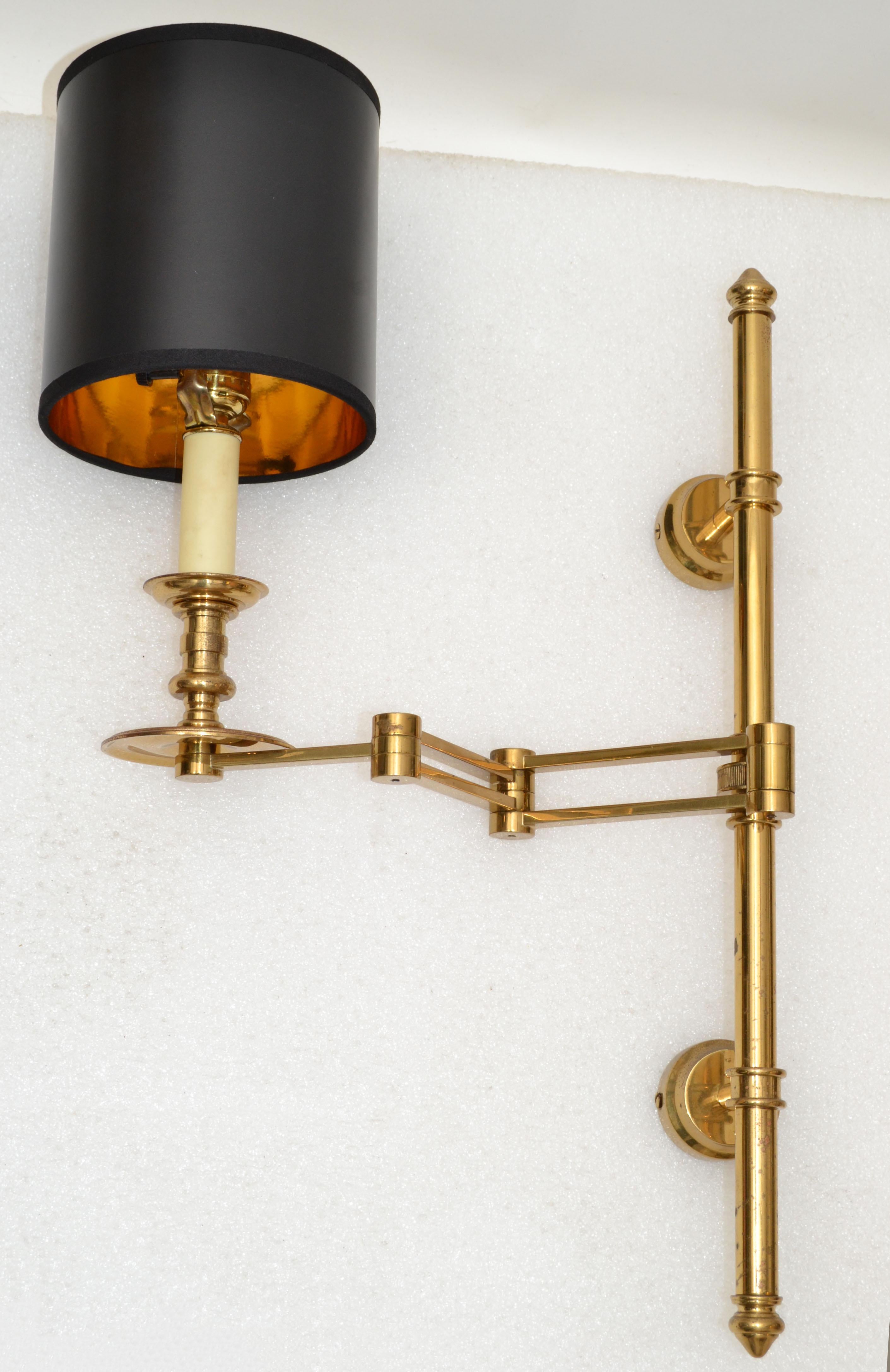 Pair of French Maison Jansen Brass Retractable Sconces, Wall Lights Black Shade 5