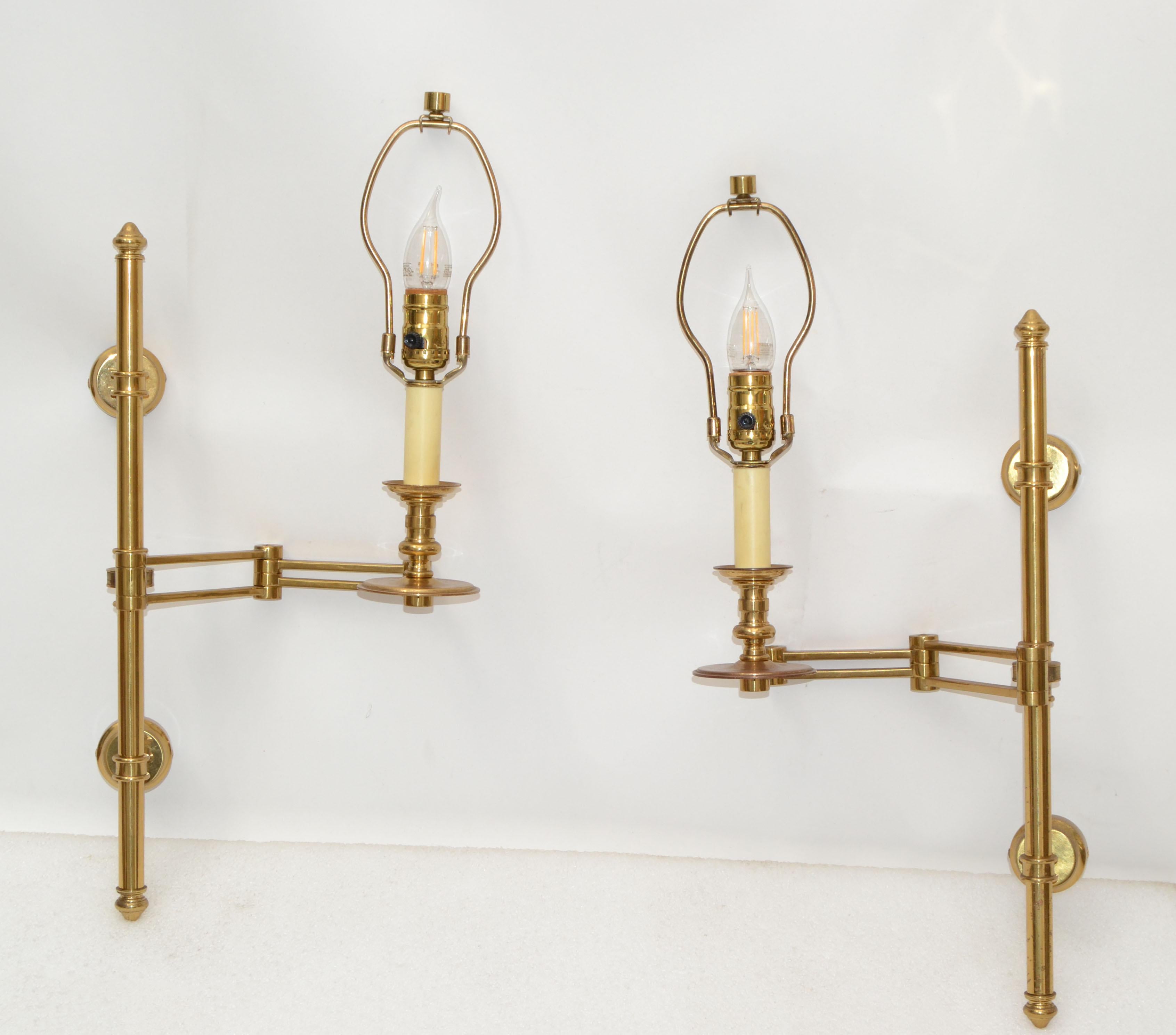 Pair of French Maison Jansen Brass Retractable Sconces, Wall Lights Black Shade 12