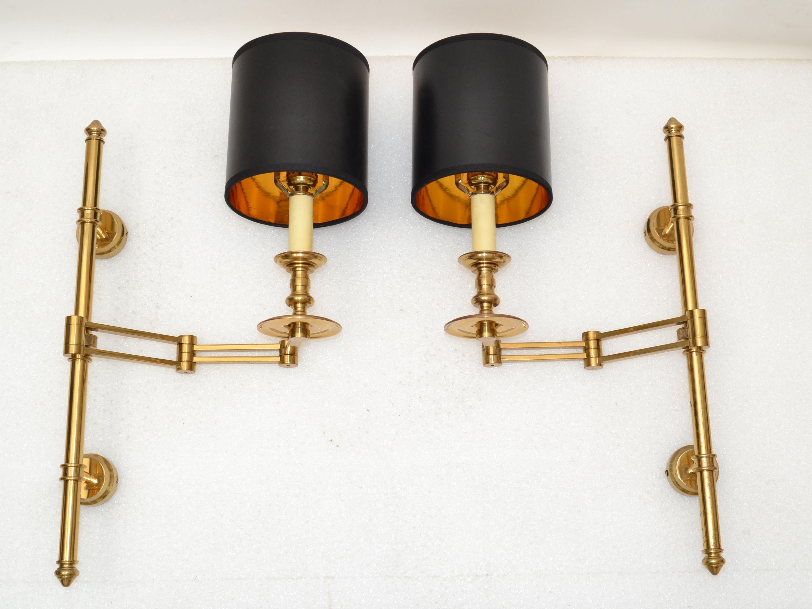 Pair of French Maison Jansen Brass Retractable Sconces, Wall Lights Black Shade 13