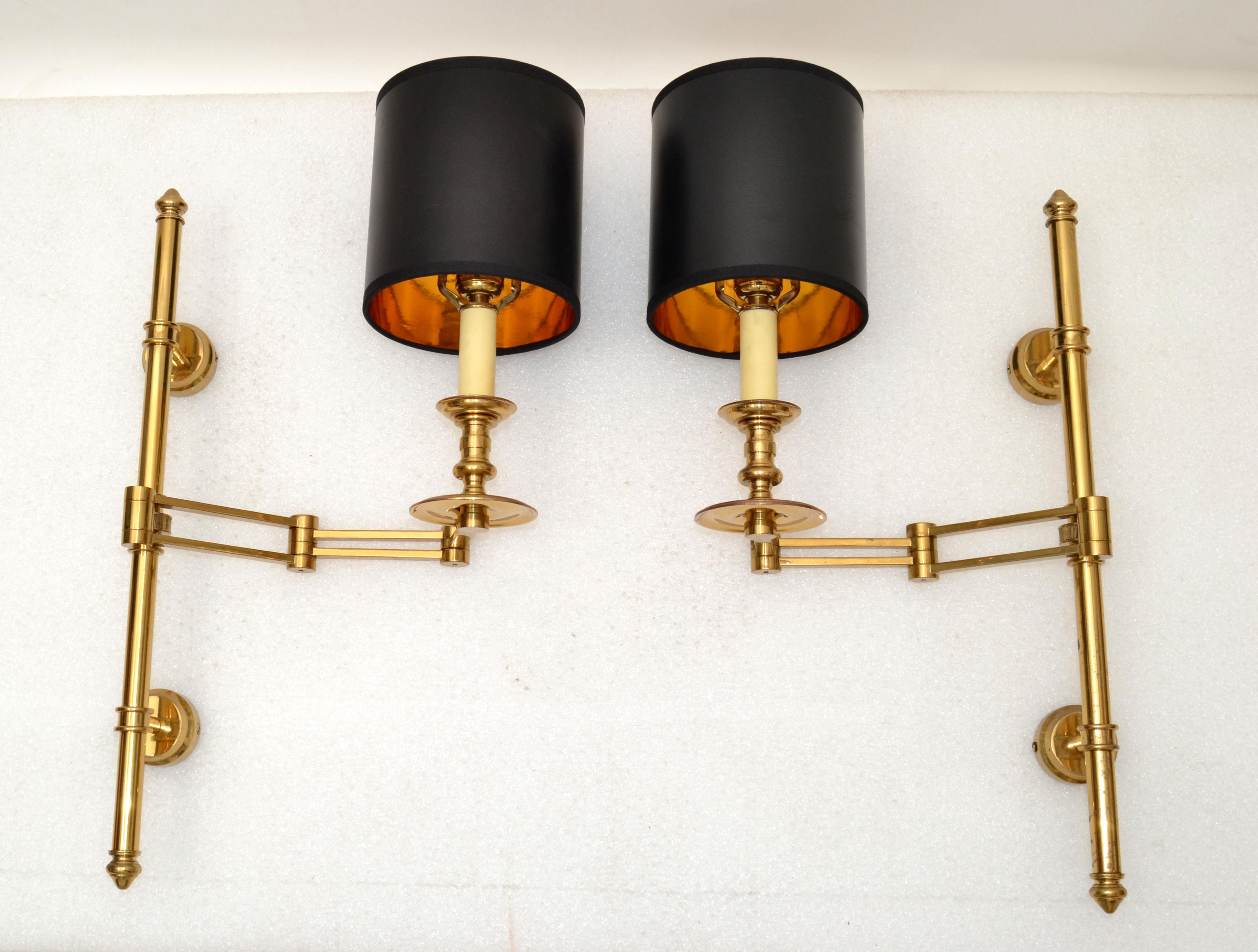 Mid-Century Modern Pair of French Maison Jansen Brass Retractable Sconces, Wall Lights Black Shade