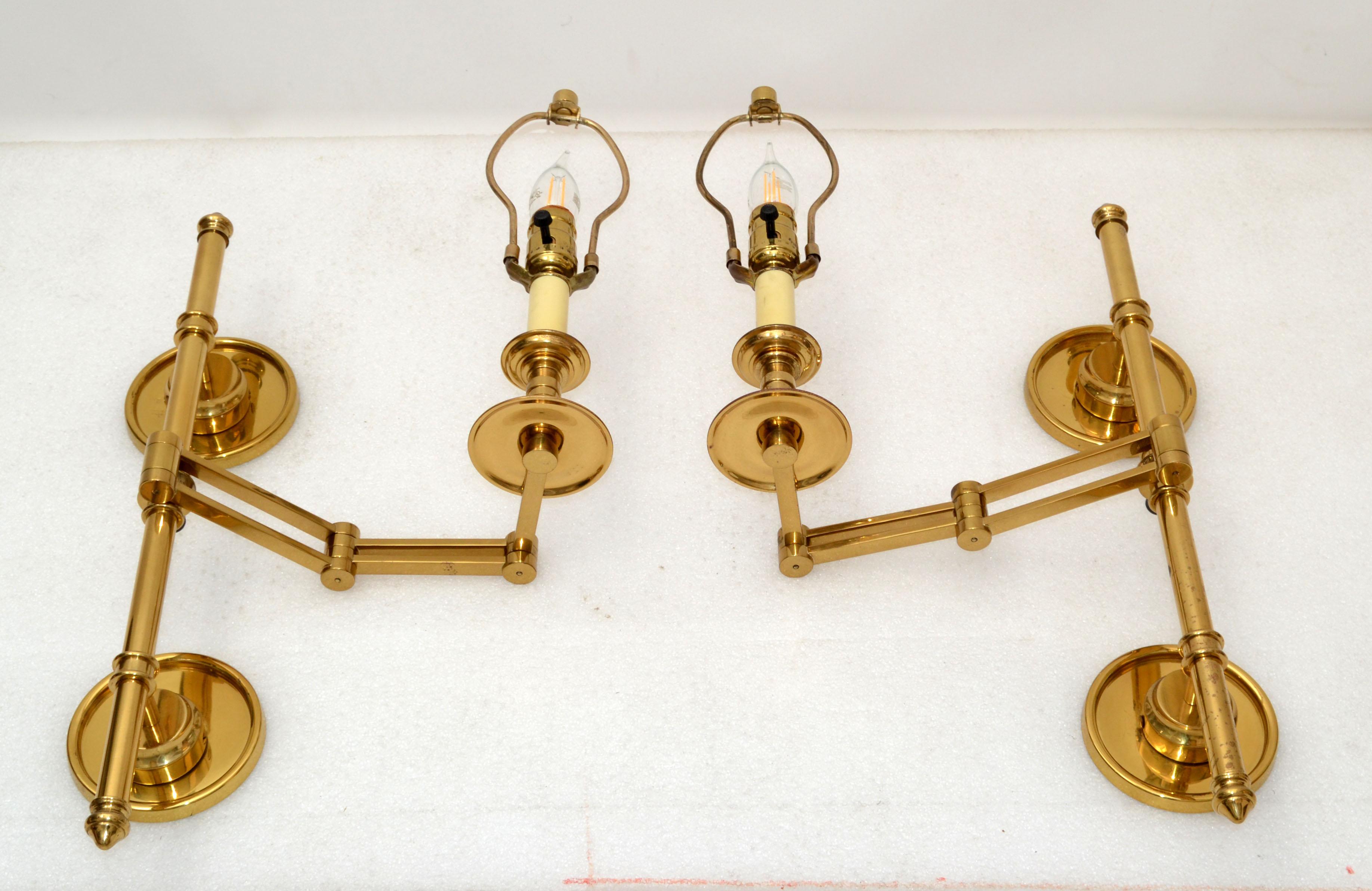 Polished Pair of French Maison Jansen Brass Retractable Sconces, Wall Lights Black Shade