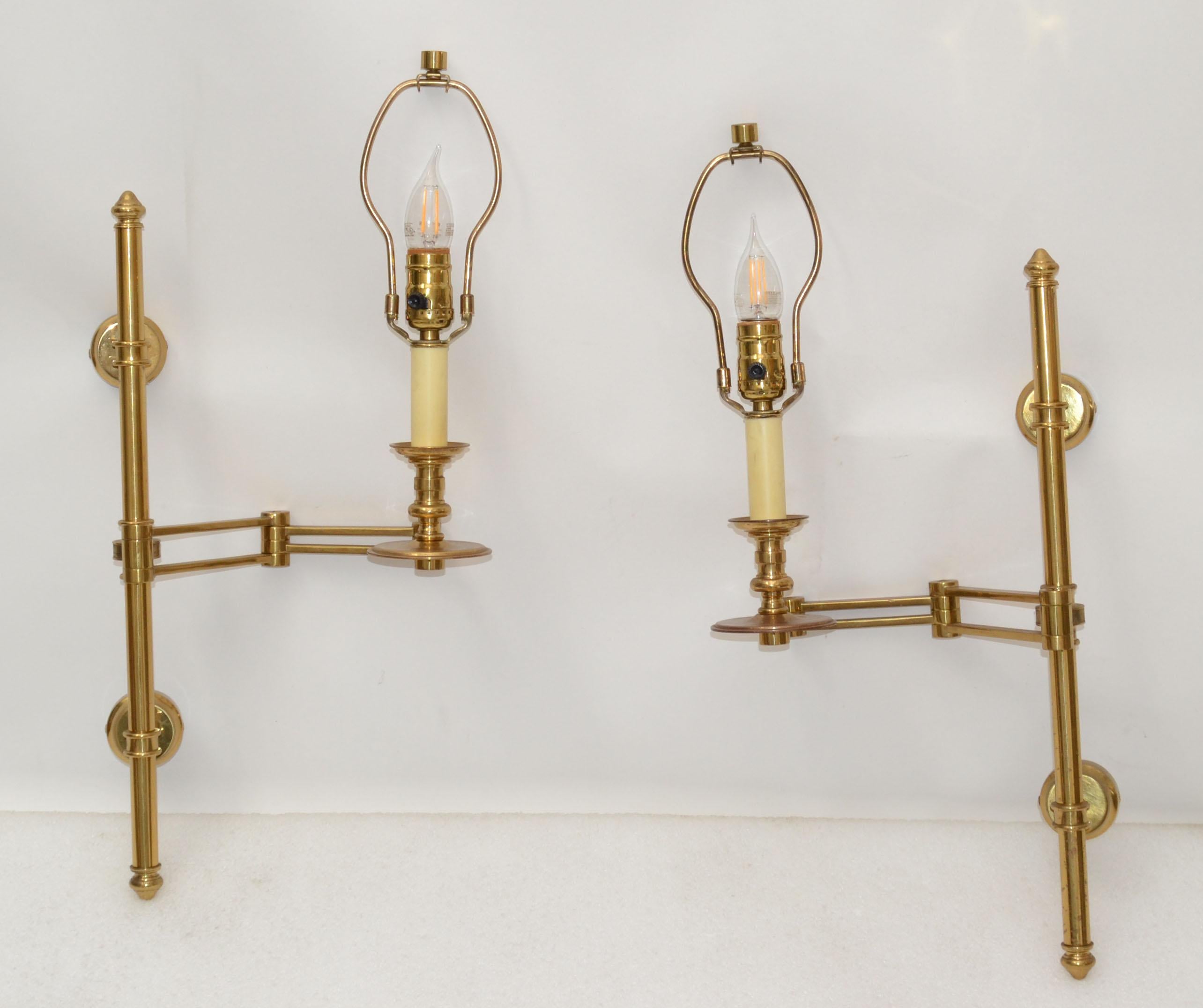 Pair of French Maison Jansen Brass Retractable Sconces, Wall Lights Black Shade In Good Condition In Miami, FL