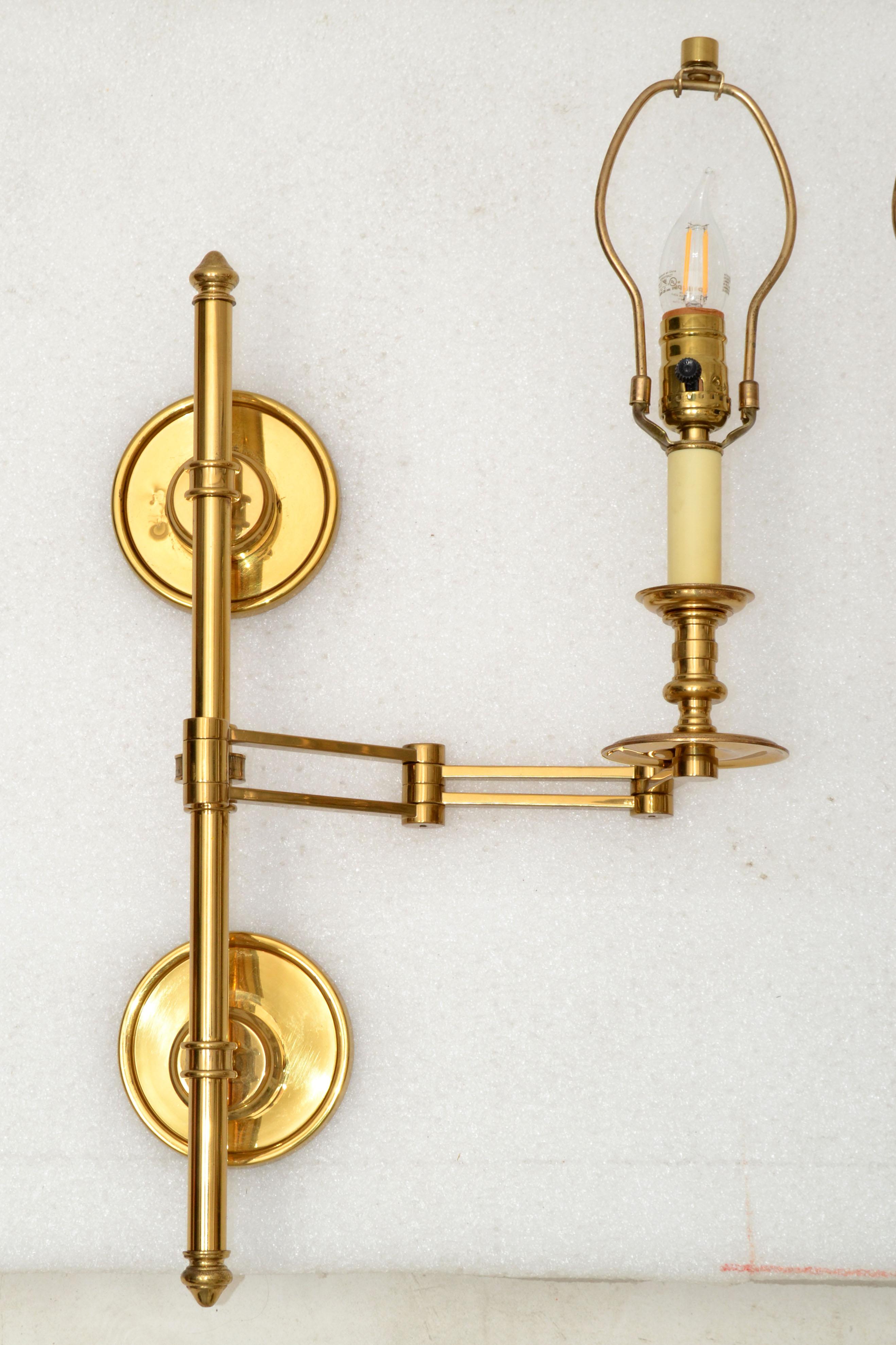 20th Century Pair of French Maison Jansen Brass Retractable Sconces, Wall Lights Black Shade
