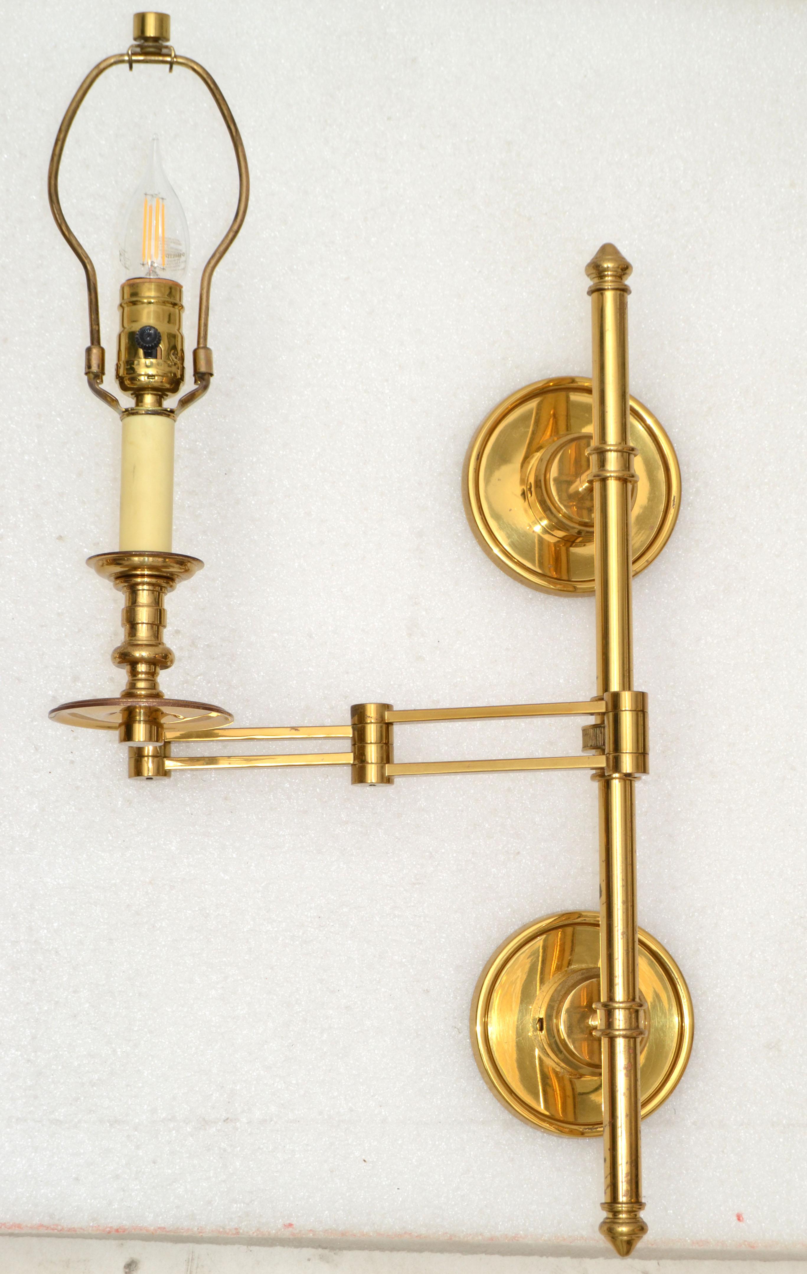 Pair of French Maison Jansen Brass Retractable Sconces, Wall Lights Black Shade 1