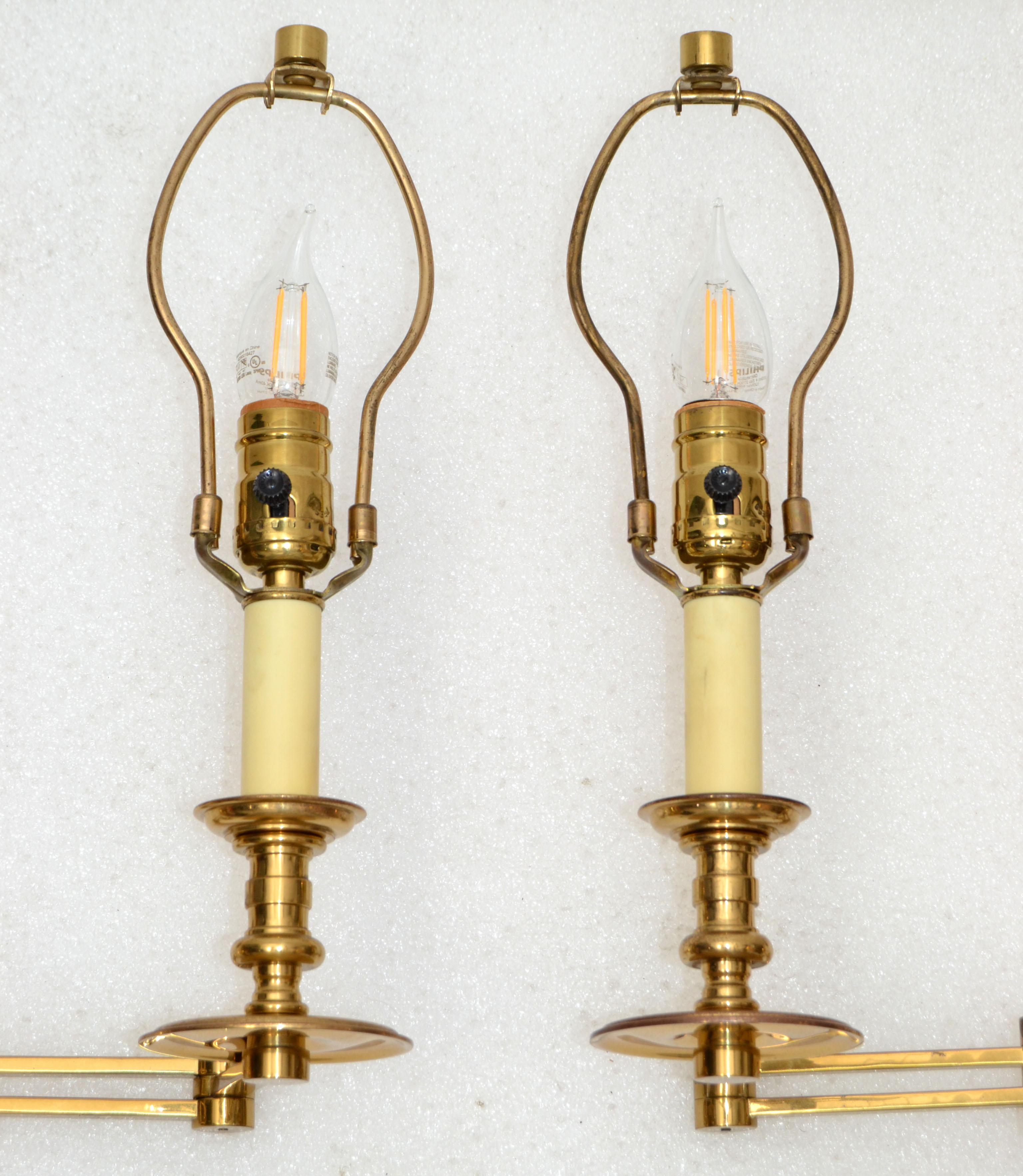 Pair of French Maison Jansen Brass Retractable Sconces, Wall Lights Black Shade 3