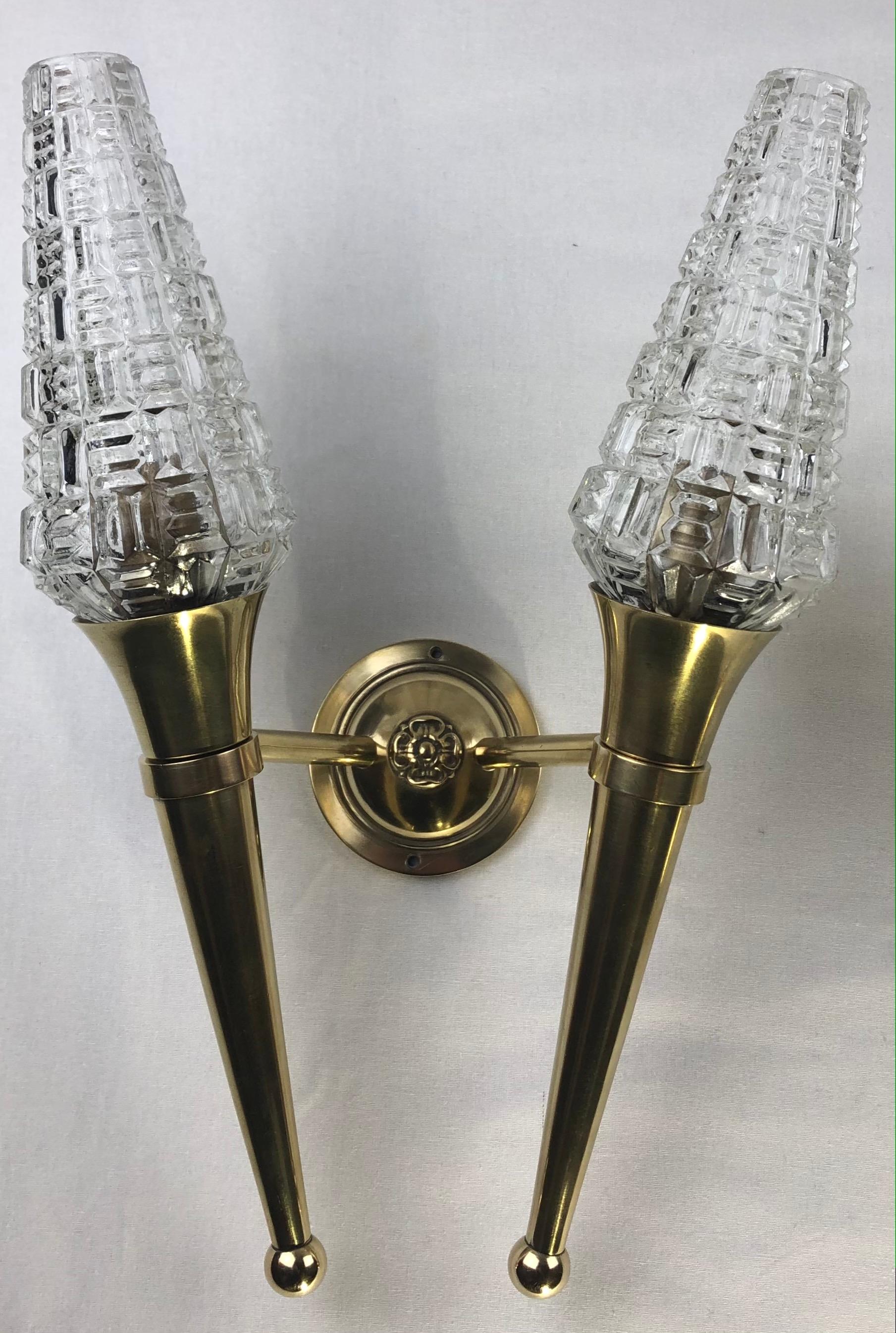 Polished Pair of French Maison Jansen Brass Two-Armed Wall Sconces For Sale