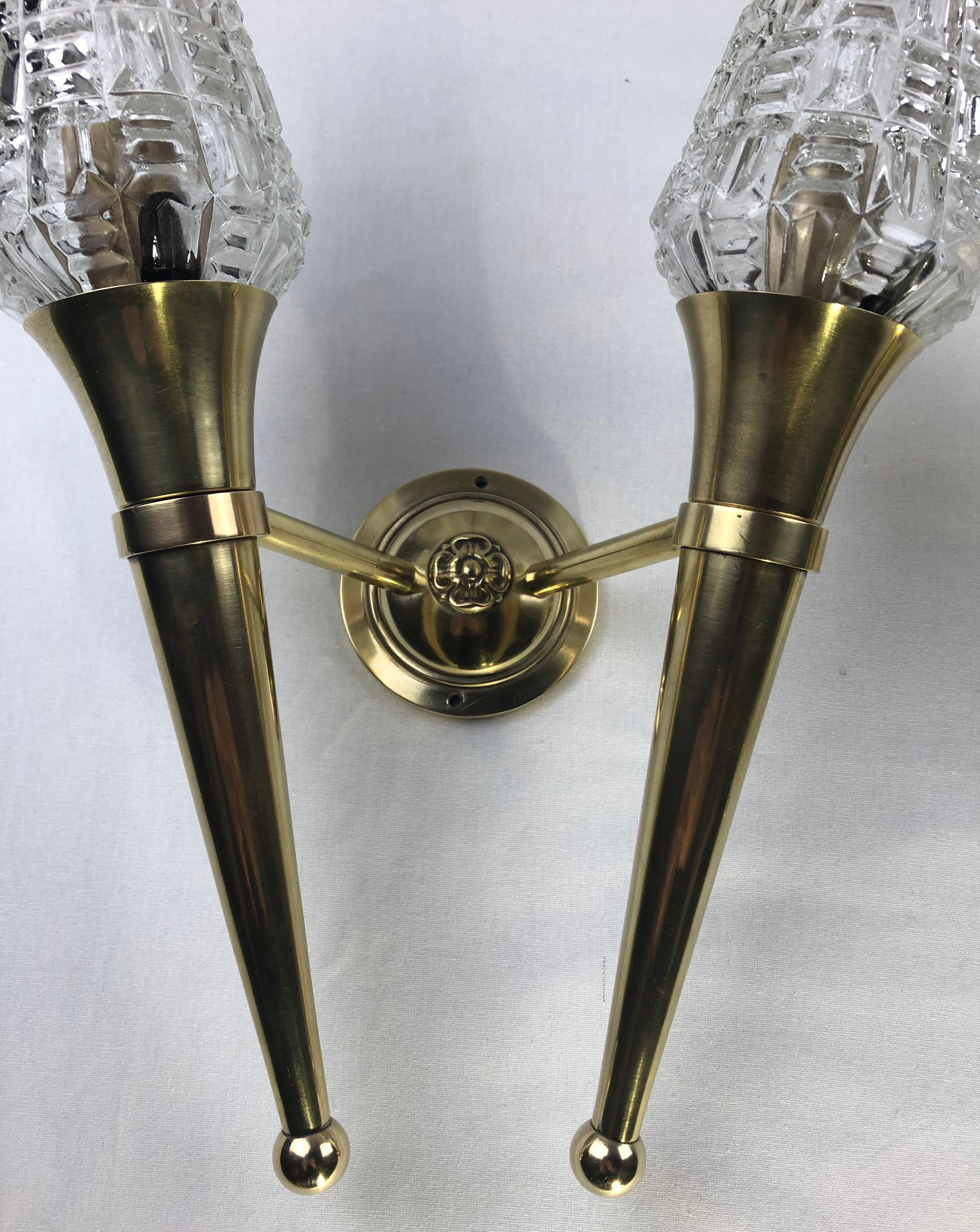 Pair of French Maison Jansen Brass Two-Armed Wall Sconces In Good Condition For Sale In Miami, FL