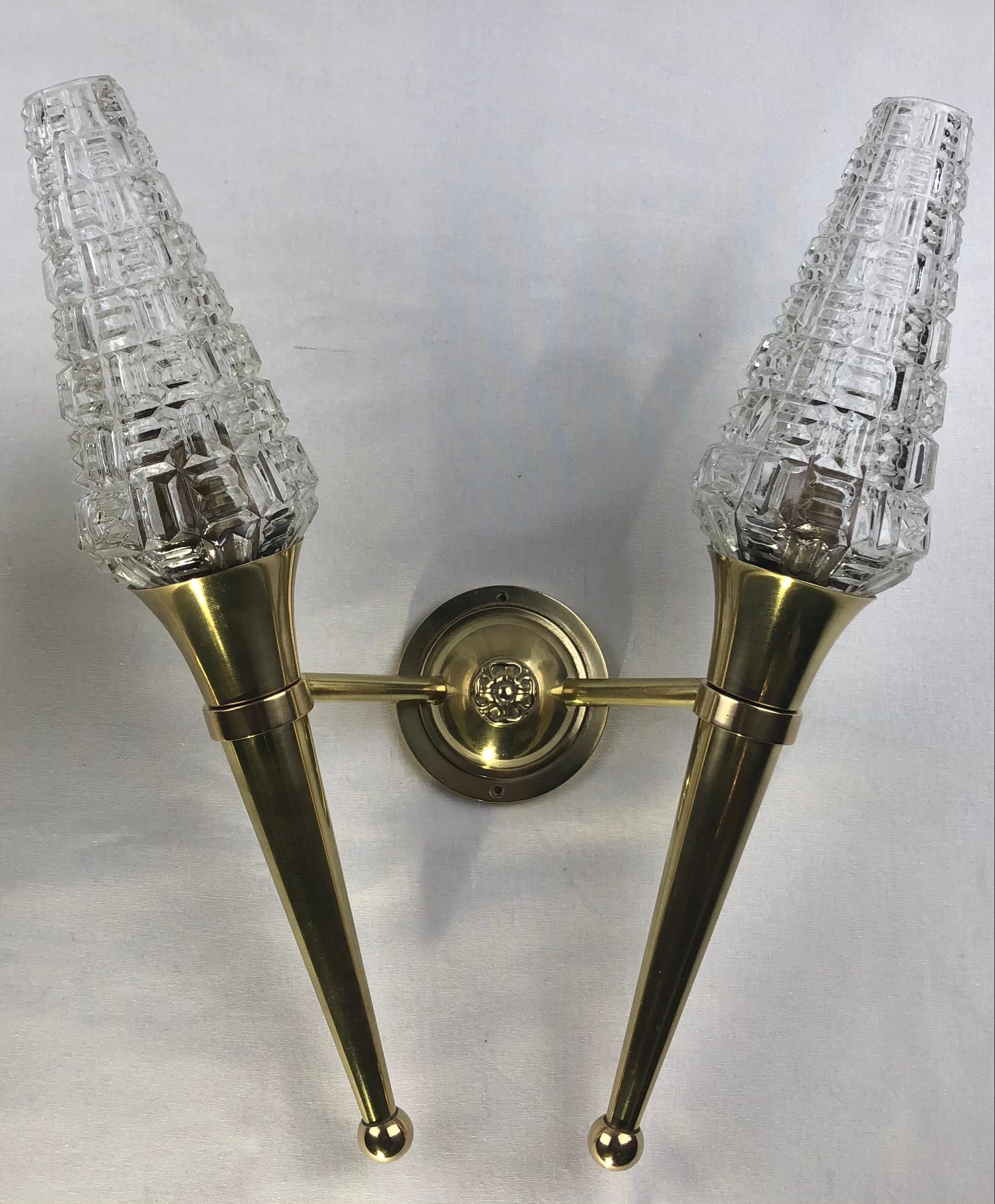Pair of French Maison Jansen Brass Two-Armed Wall Sconces For Sale 1