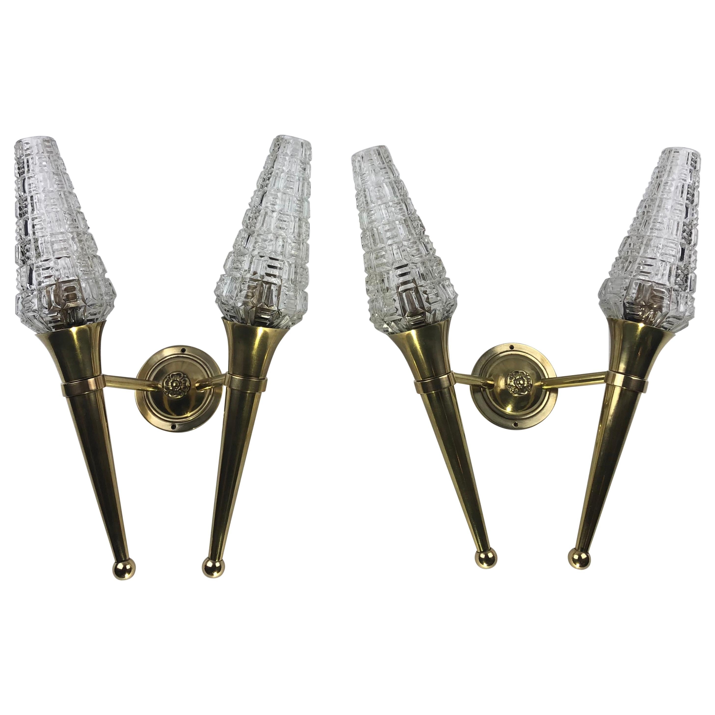 Pair of French Maison Jansen Brass Two-Armed Wall Sconces For Sale