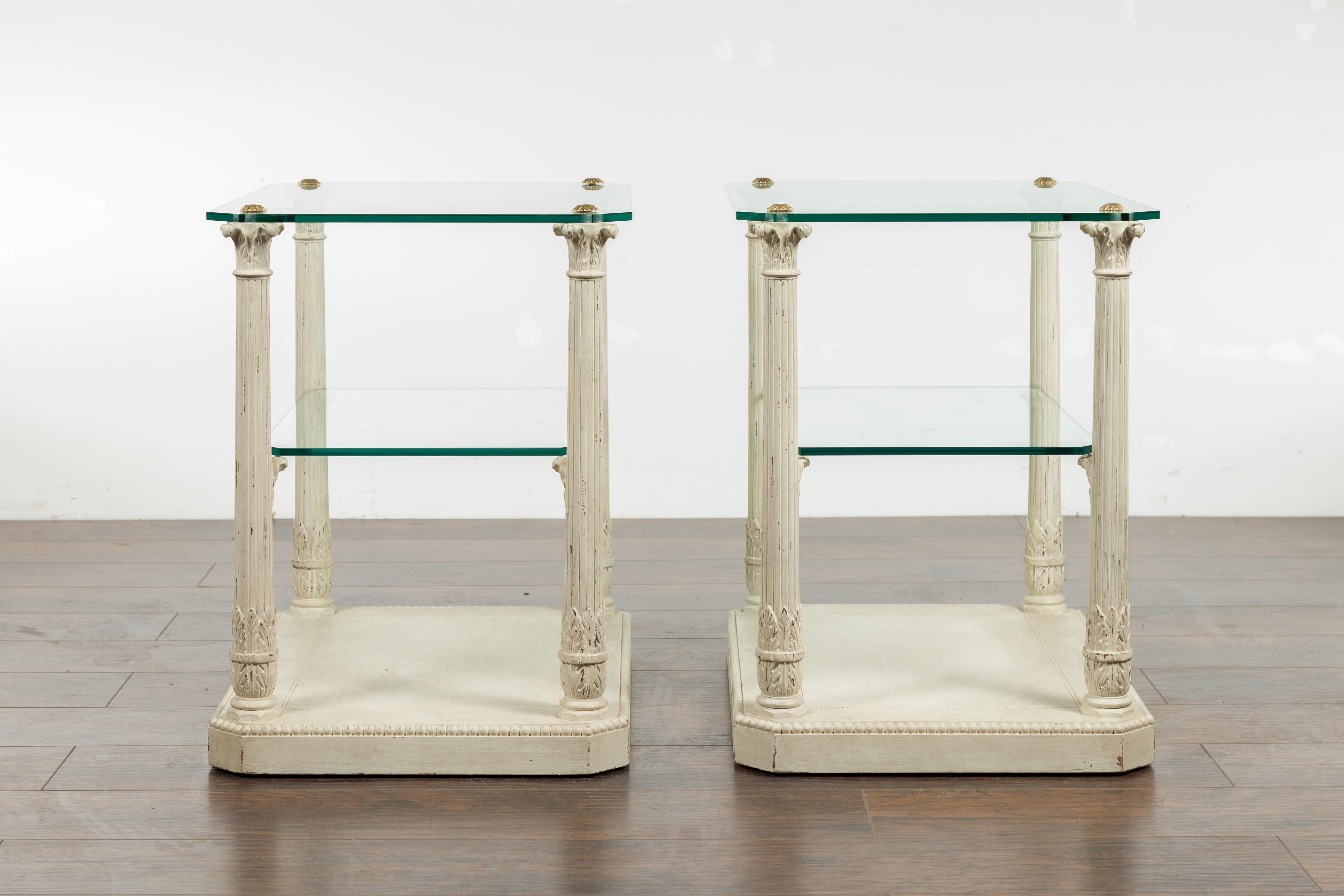 Pair of French Maison Jansen Glass Top Column Tables with Corinthian Capitals For Sale 9