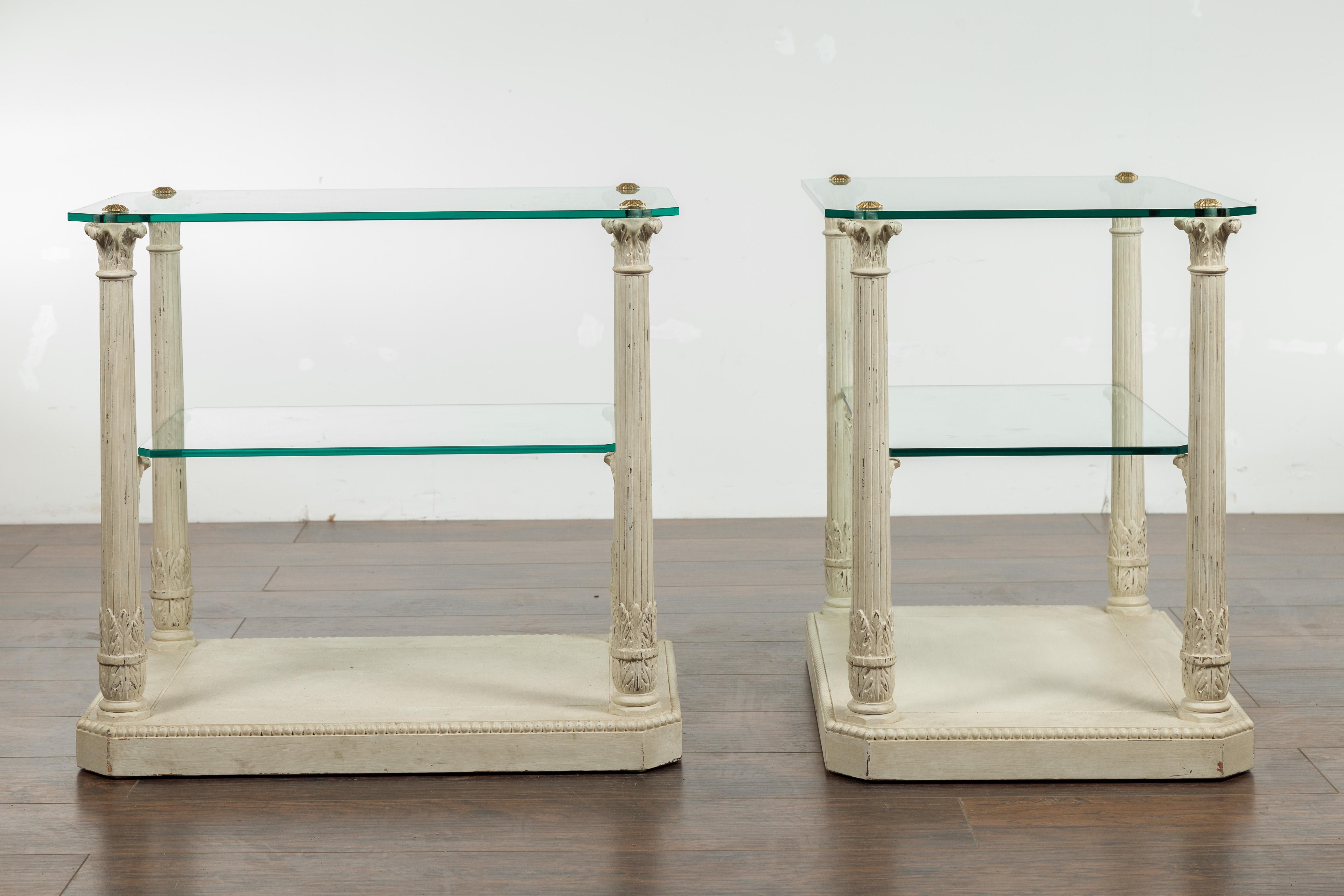 Pair of French Maison Jansen Glass Top Column Tables with Corinthian Capitals For Sale 11