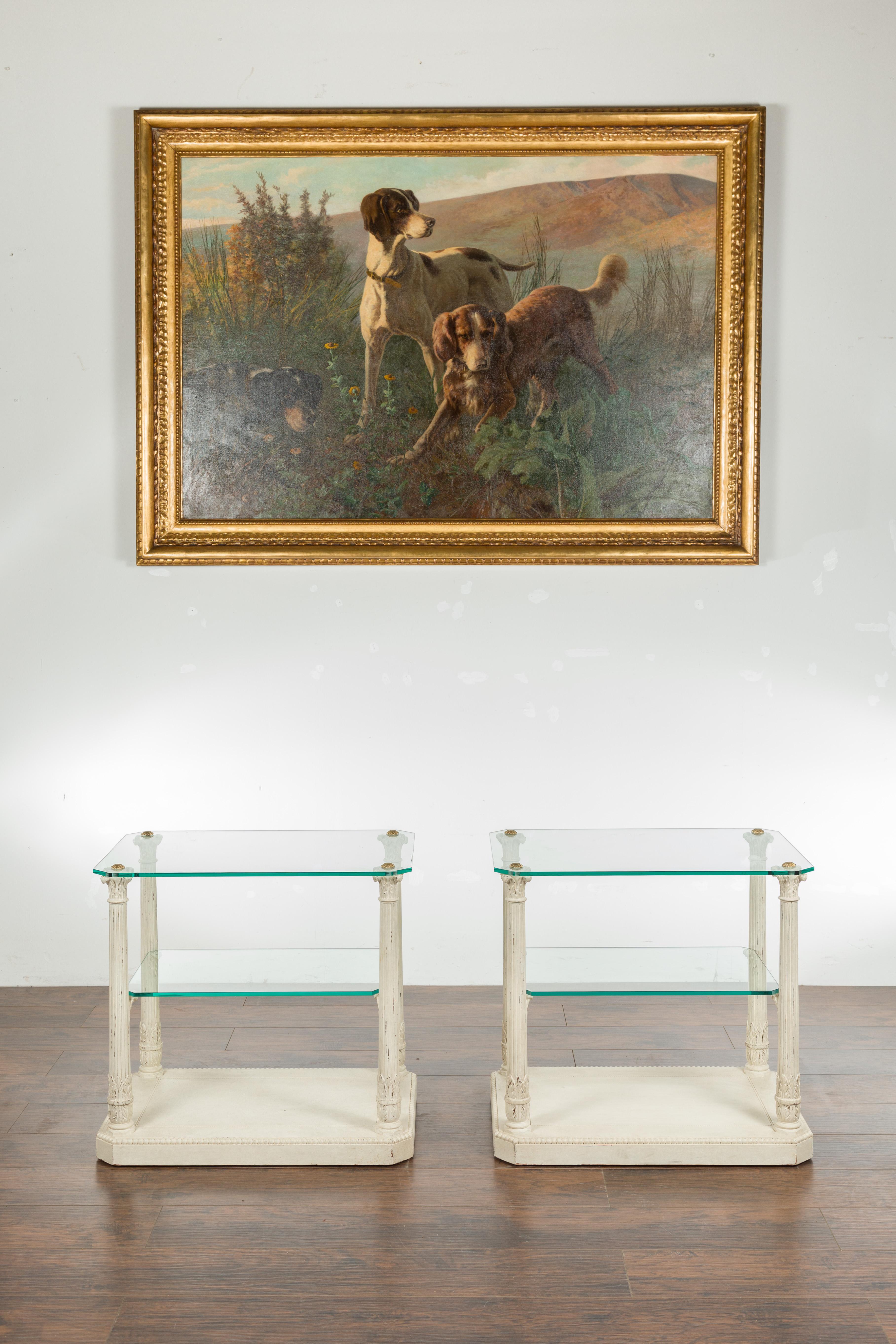 Mid-Century Modern Pair of French Maison Jansen Glass Top Column Tables with Corinthian Capitals For Sale