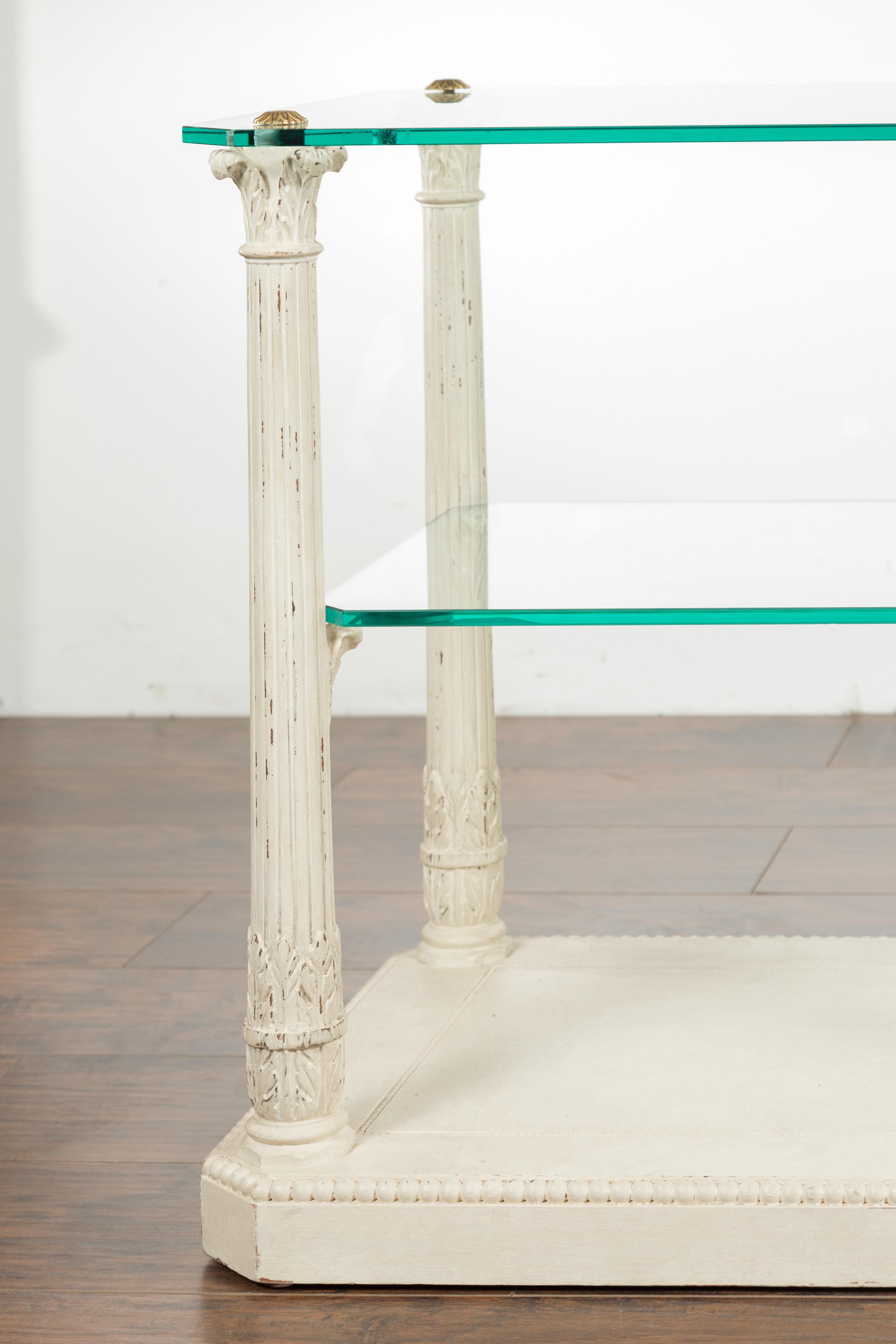 Carved Pair of French Maison Jansen Glass Top Column Tables with Corinthian Capitals For Sale