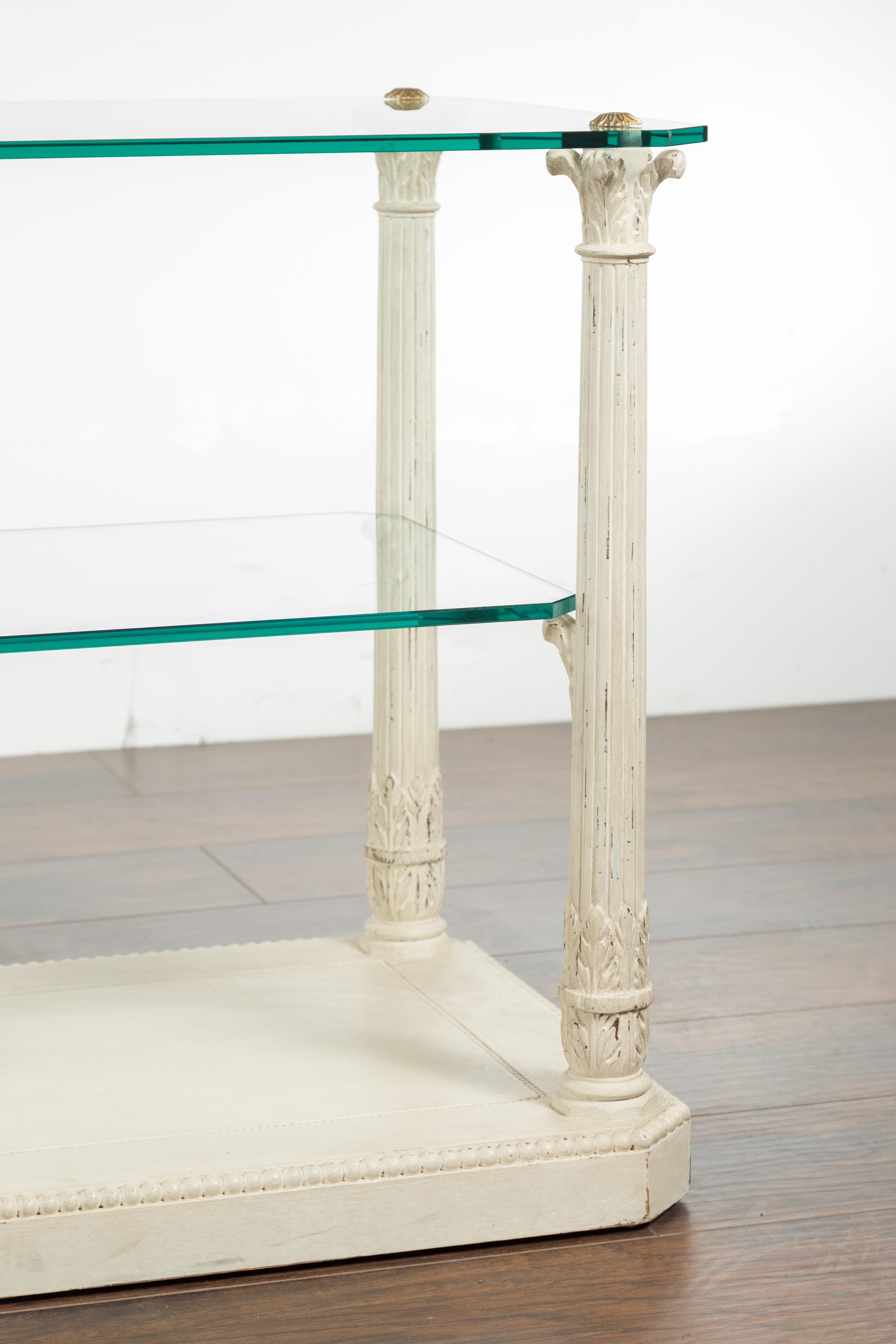 Wood Pair of French Maison Jansen Glass Top Column Tables with Corinthian Capitals For Sale