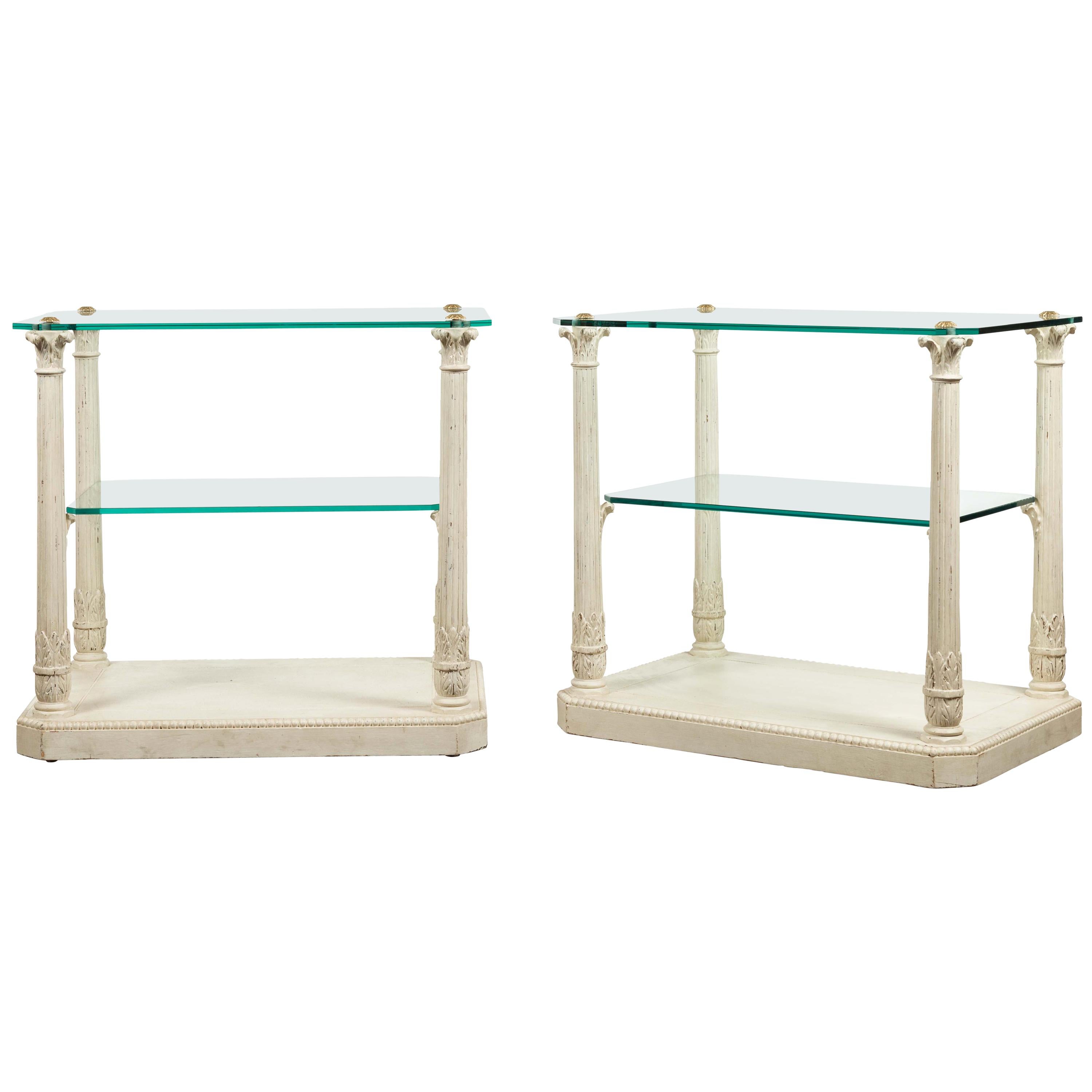 Pair of French Maison Jansen Glass Top Column Tables with Corinthian Capitals