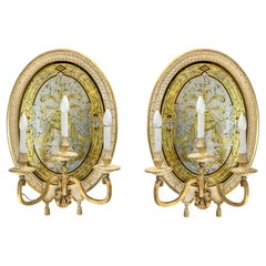 Pair of French Maison Jansen Neoclassical Gilt Bronze & Mirrored Sconces