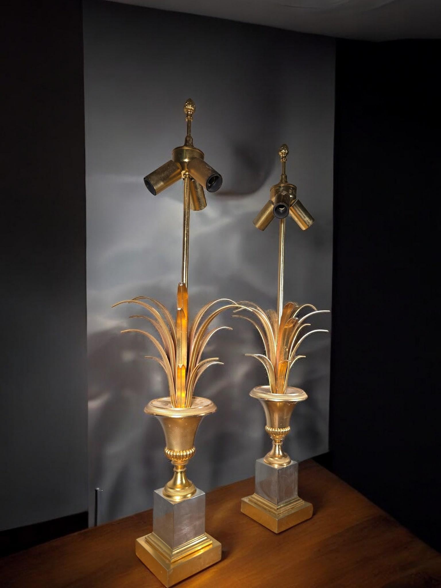Brass Pair of French Maison Jansen Pineapple Lamps For Sale