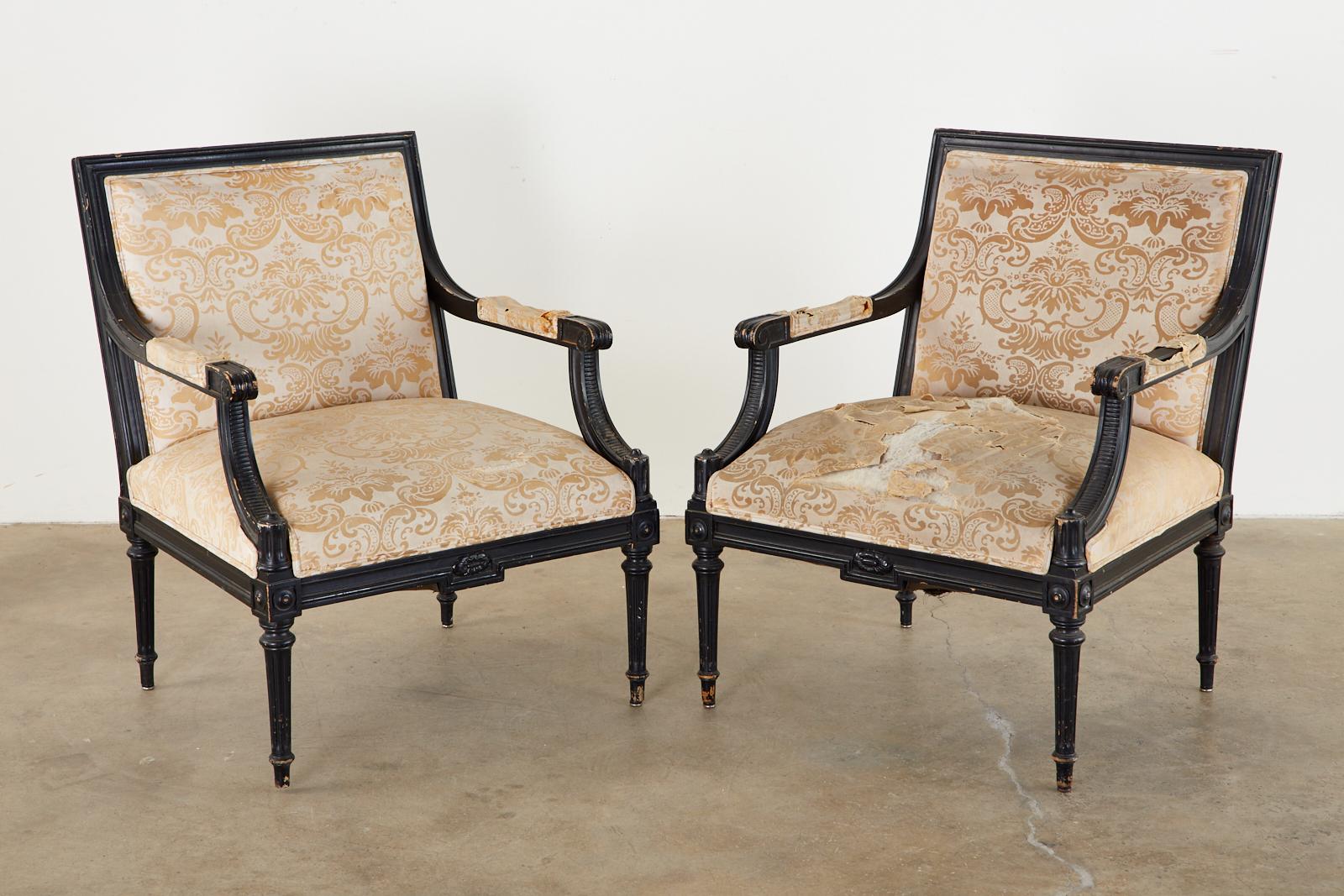 Ebonized Pair of French Maison Jansen Style Fauteuil Armchairs