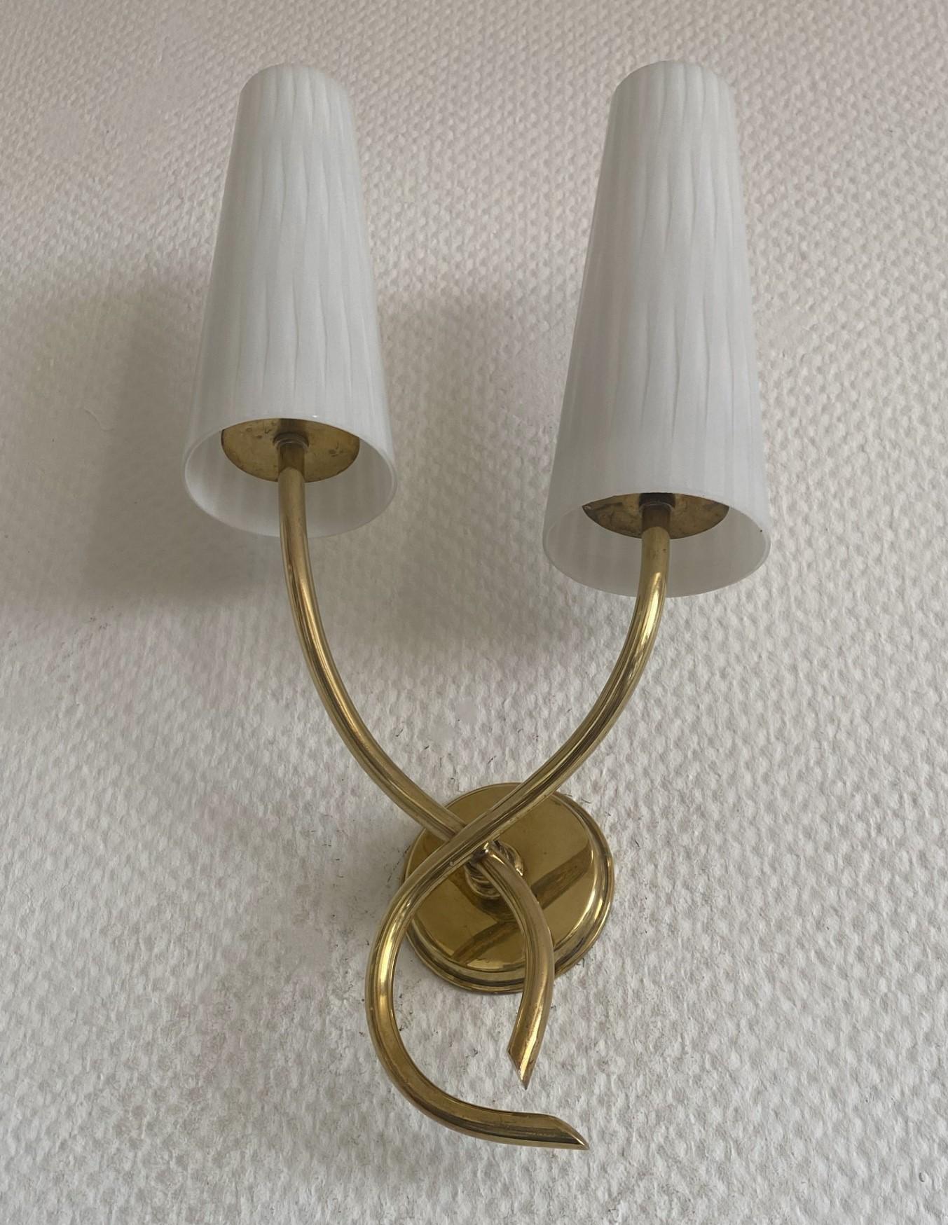 Pair of French Maison Lunel Brass Opal Glass Two-Light Wall Sconces, 1950s For Sale 5